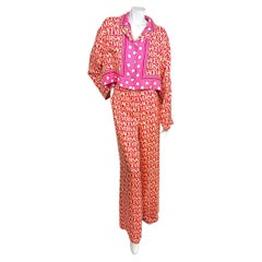 Versace x Dua Lipa 2023 La Vacanza Logo Print Silk Shirt & Wide-Leg Trouser Set