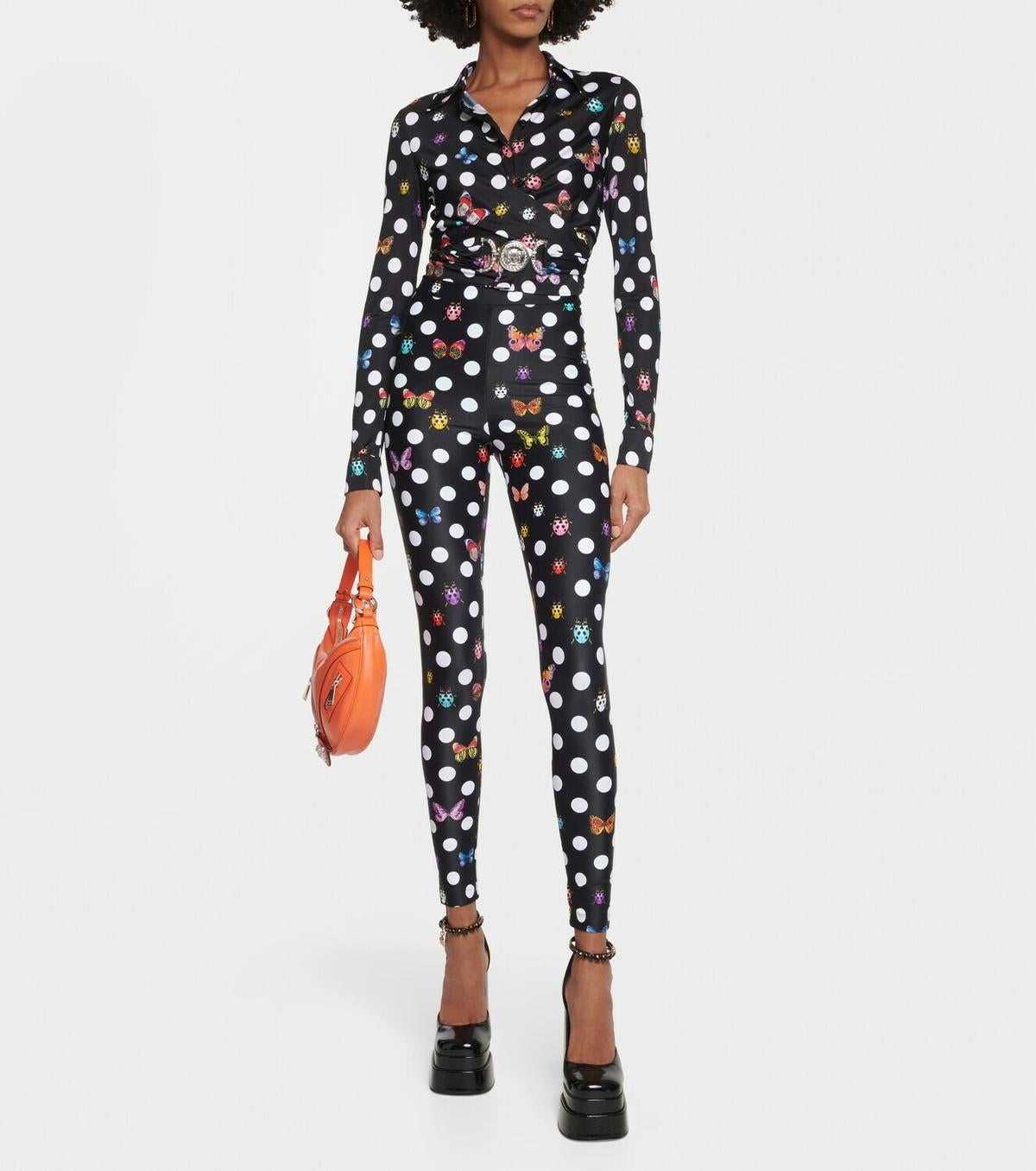 VERSACE x DUA LIPA noir 2023 BUTTERFLY & POLKA DOT Leggings Pantalon S en vente 1
