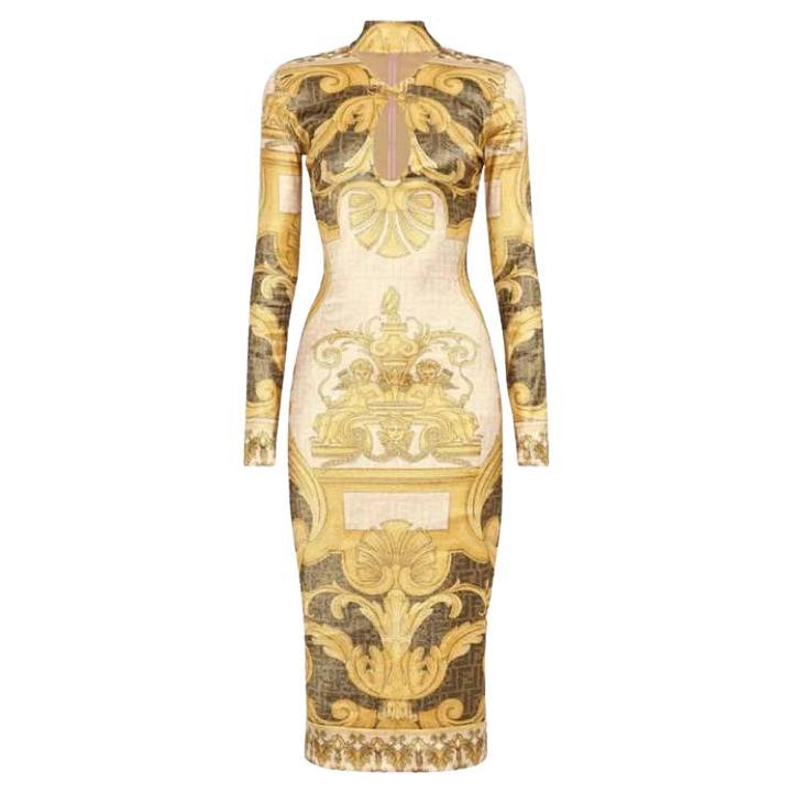 Versace X Fendi Fendace Gold Metallic Printed Keyhole Cut Out Dress SZ ...