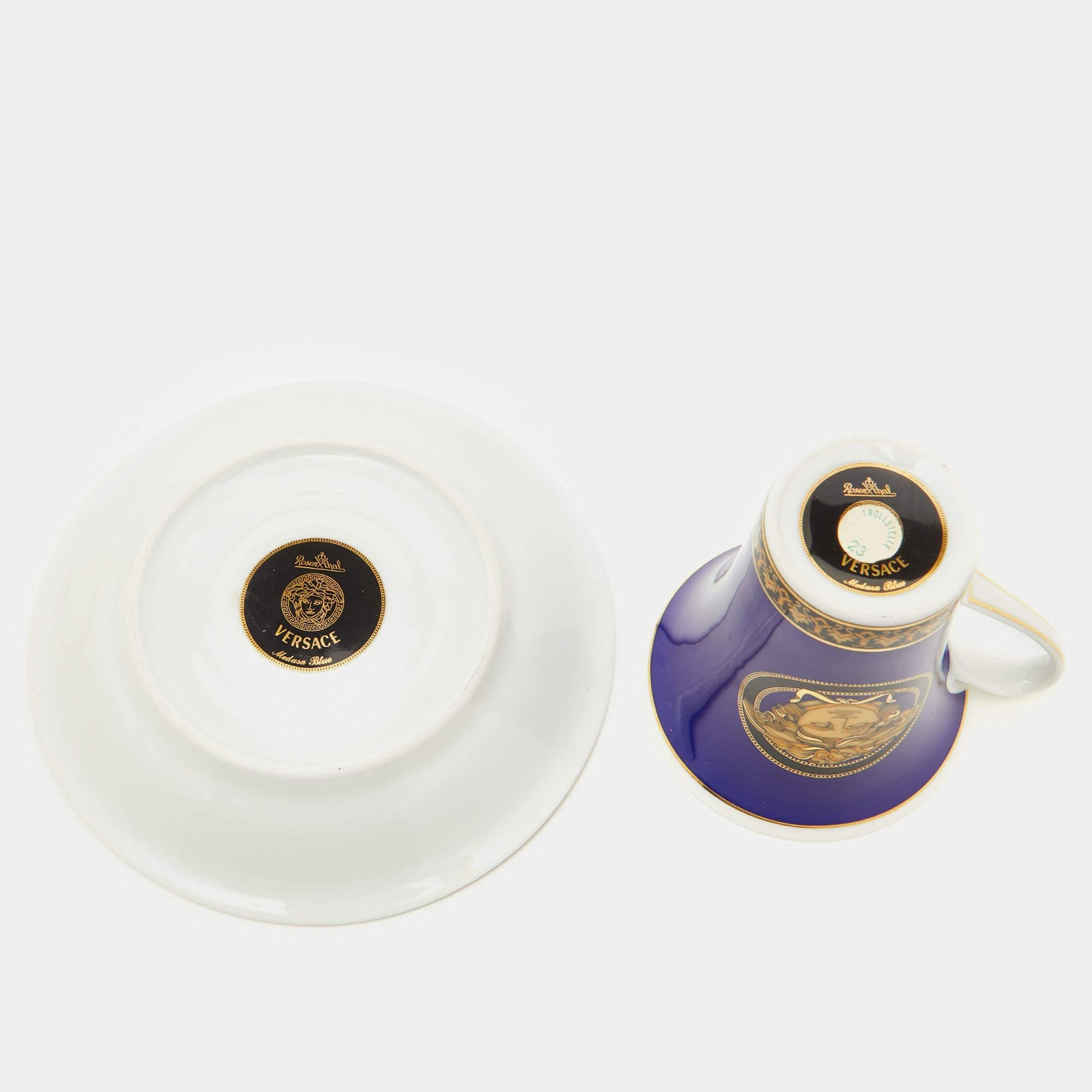 Versace x Rosenthal Blue Porcelain Medusa Tall Cup and Saucer In Excellent Condition In Dubai, Al Qouz 2