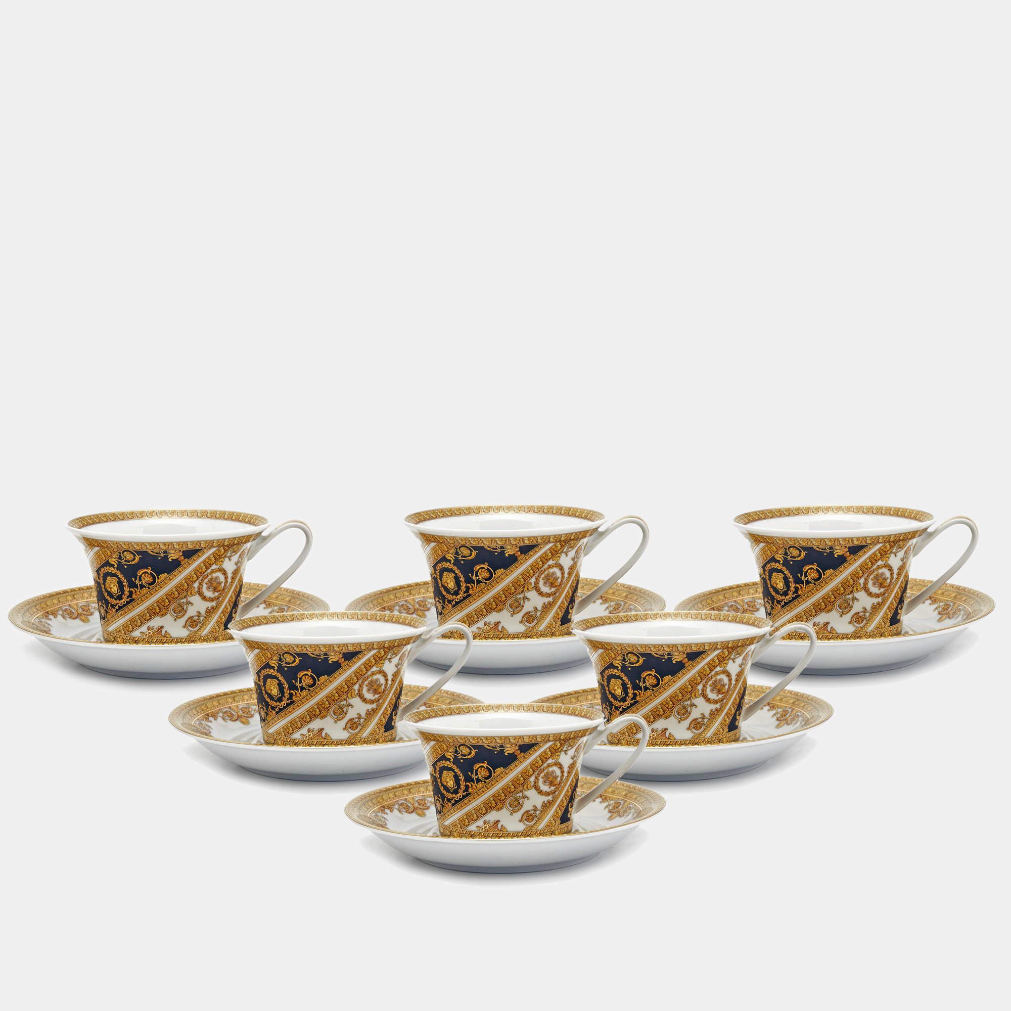 Elevate your table setting with this set of six cups and saucers by Versace x Rosenthal. Crafted excellently using high-quality porcelain, the set has House code details that have been carefully applied to project the most luxurious
