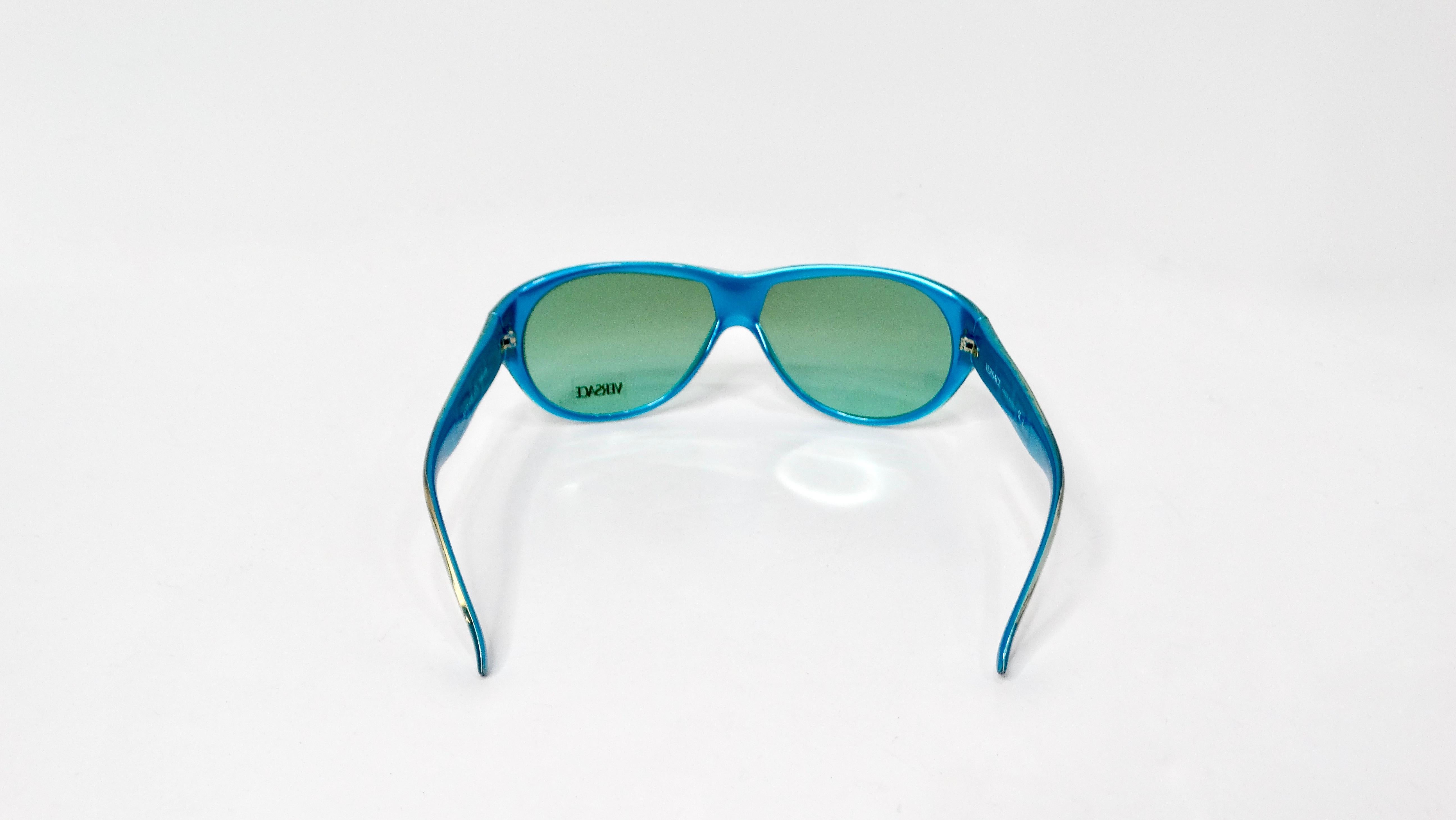 Women's Versace Y2K 439 Teal Gradient Shield Sunglasses With Gold Greca Detailing For Sale