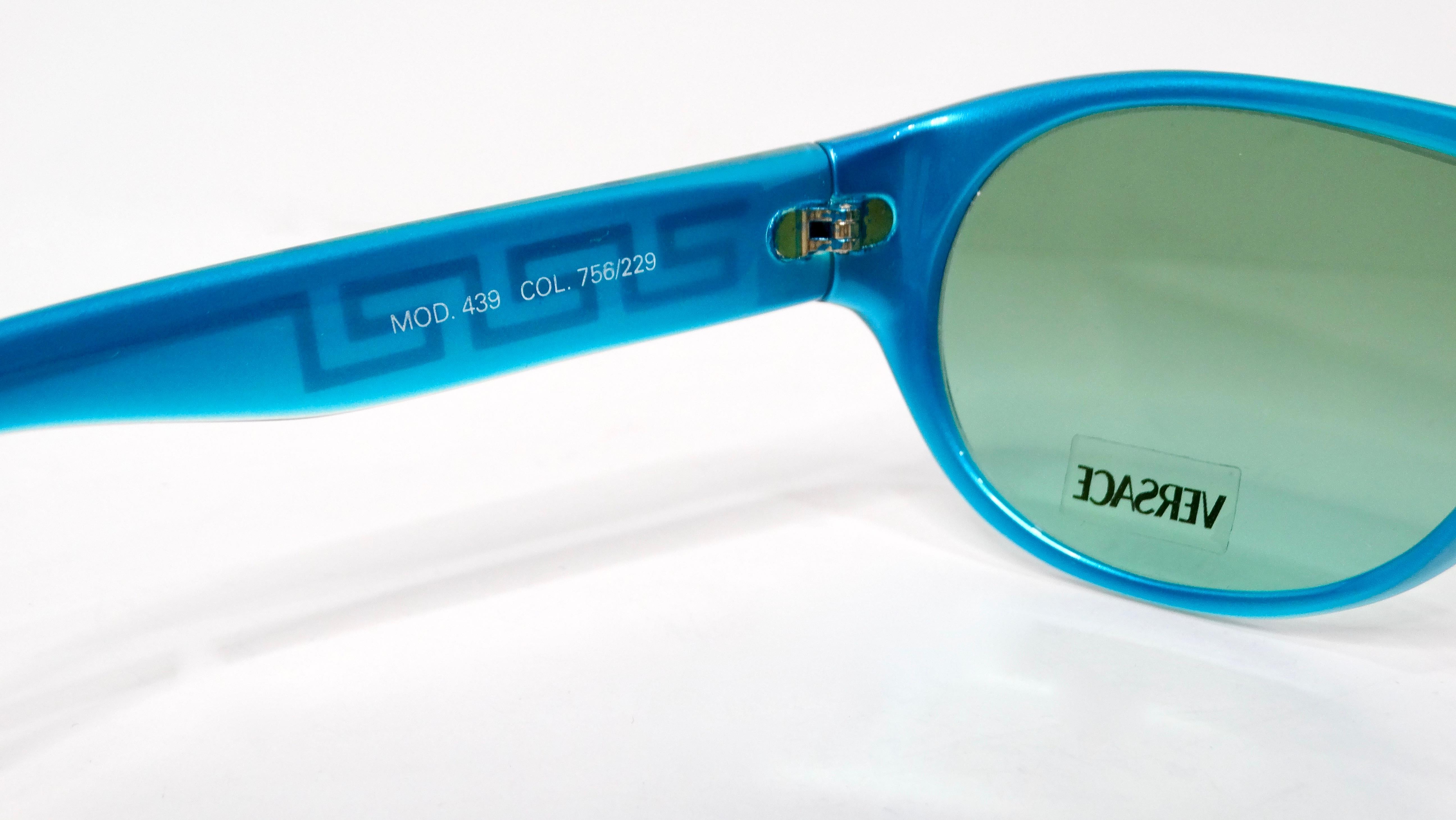 Versace Y2K 439 Teal Gradient Shield Sunglasses With Gold Greca Detailing For Sale 1