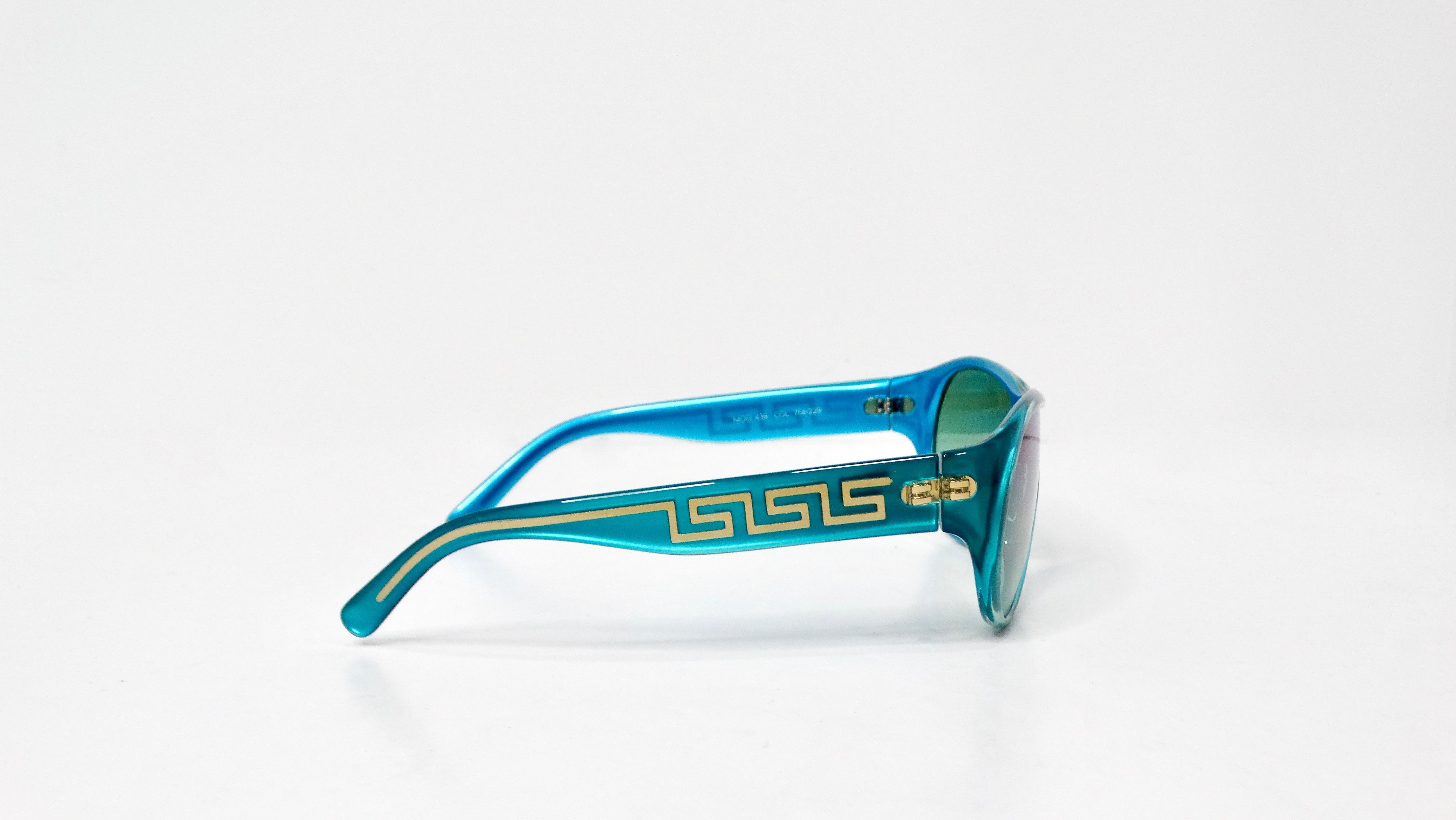 Versace Y2K 439 Teal Gradient Shield Sunglasses With Gold Greca Detailing For Sale 2