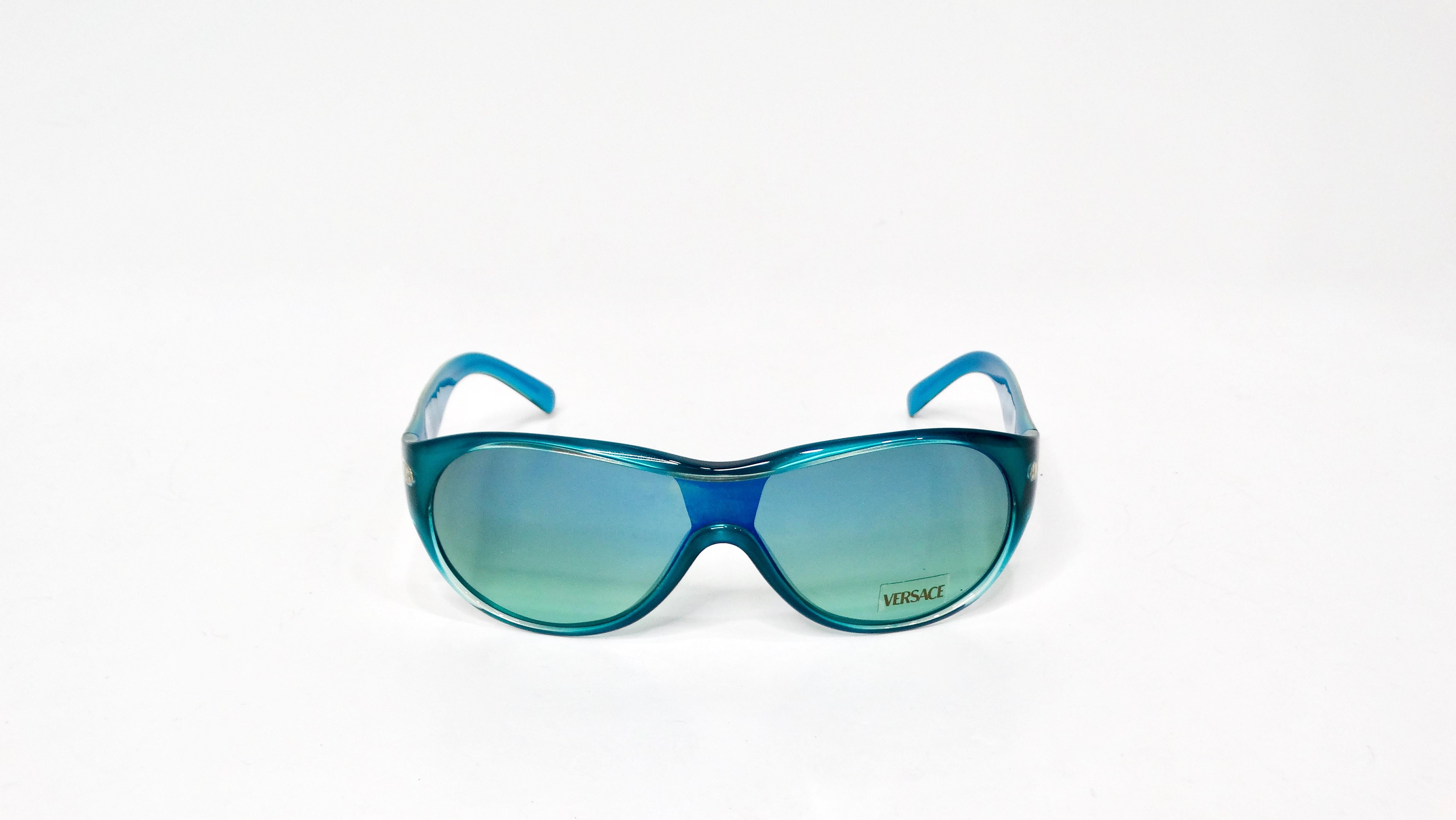 Versace Y2K 439 Teal Gradient Shield Sunglasses With Gold Greca Detailing For Sale 3