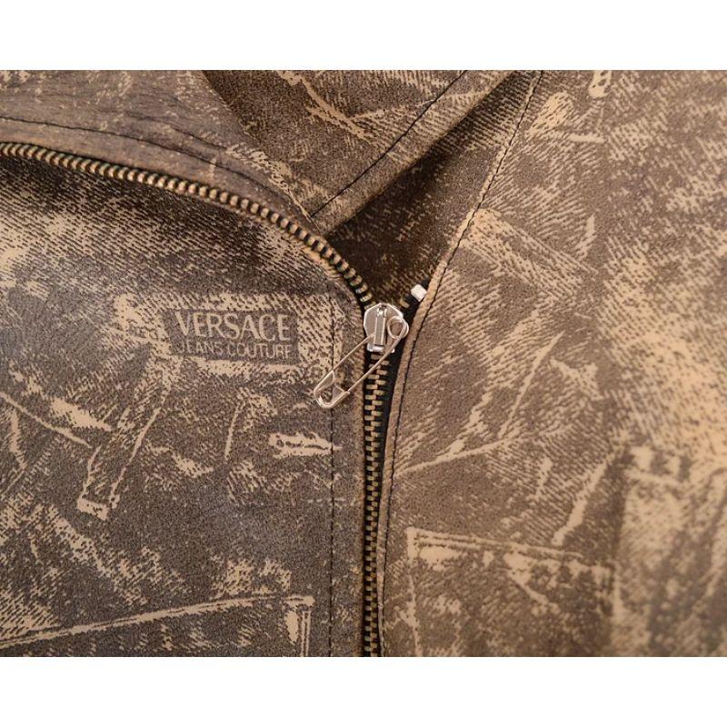 Brown Versace Y2K Denim Printed Leather Biker Jacket For Sale