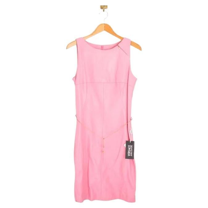 2000's Donatella Versace Y2K Barbie Pink Real Leather Shift Mini Dress For Sale