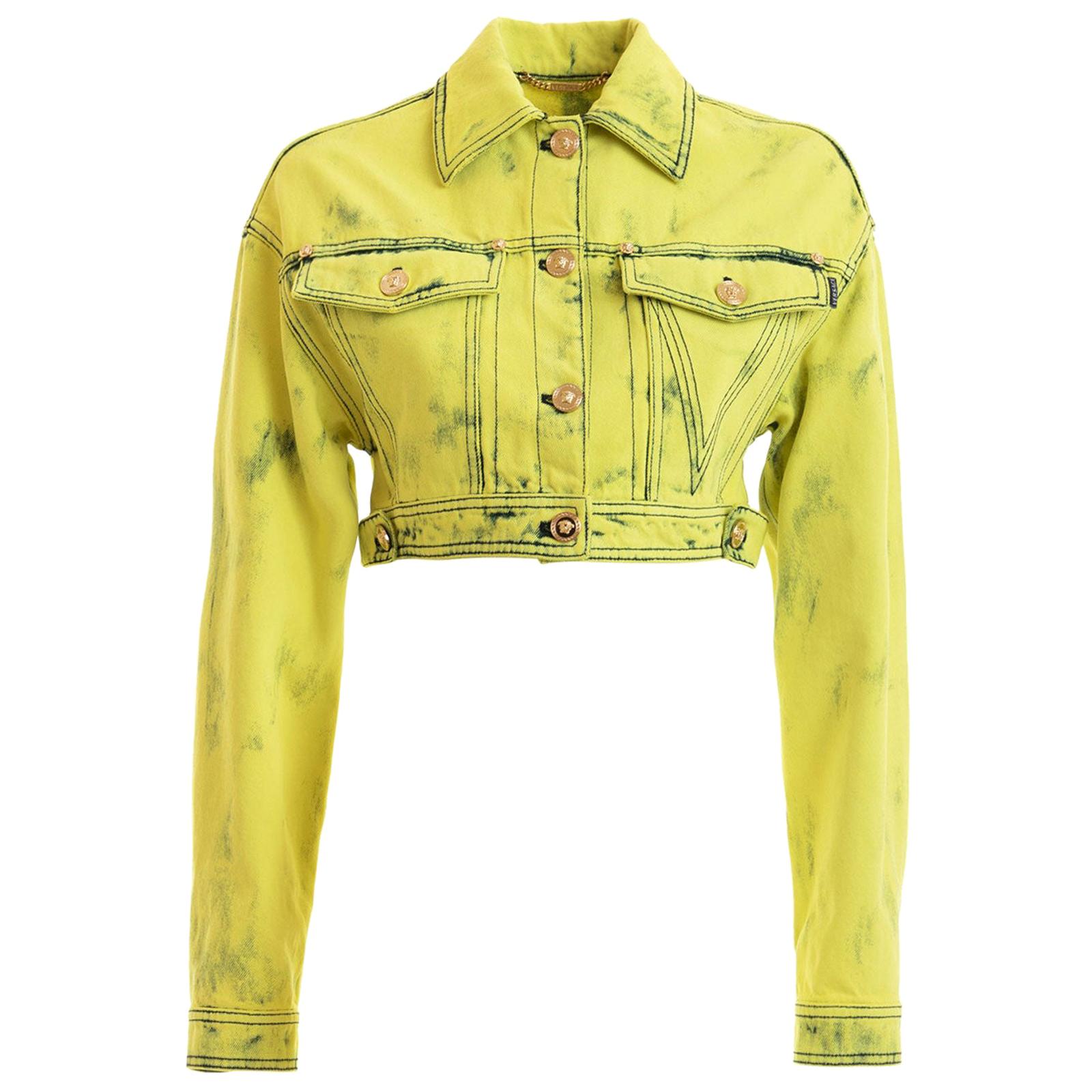 Versace Yellow Acid Wash Denim Cropped Jean Jacket with Logo Label Size 42
