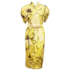 Versace Yellow and Green Belted Short Sleeve Silk Dress