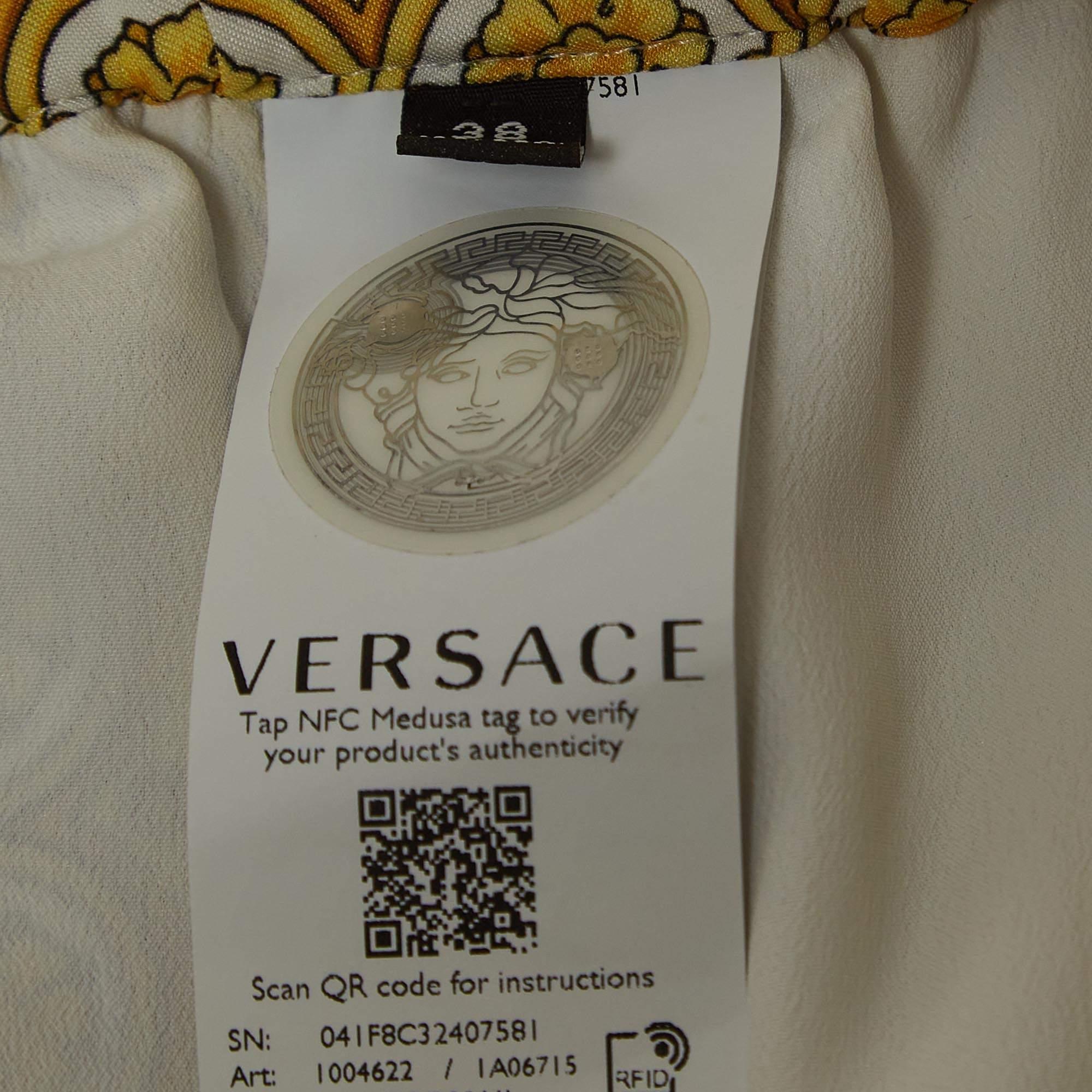 Versace Yellow Barocco Print Crepe Wide Leg Trousers S For Sale 2
