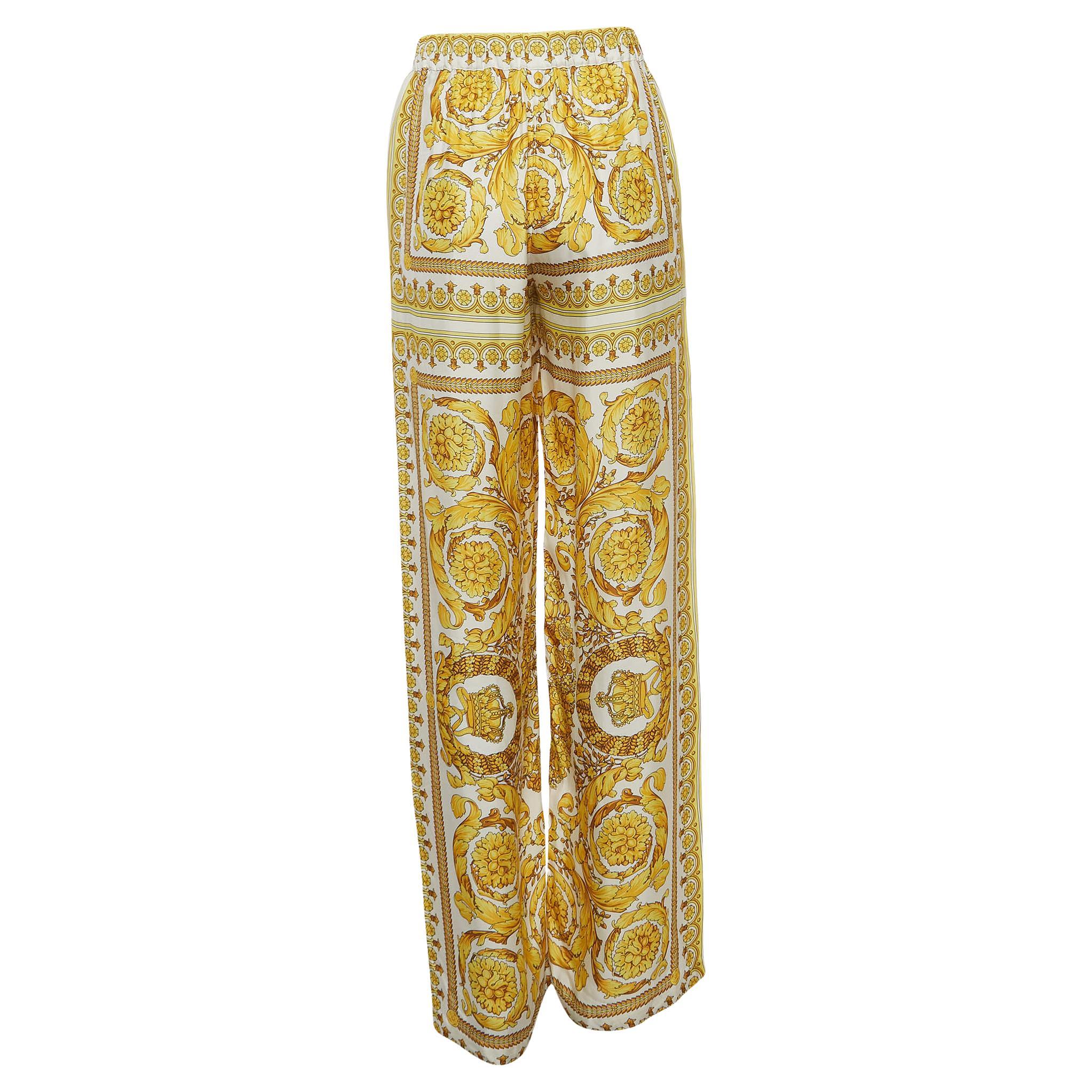 Versace Yellow Barocco Print Crepe Wide Leg Trousers S For Sale