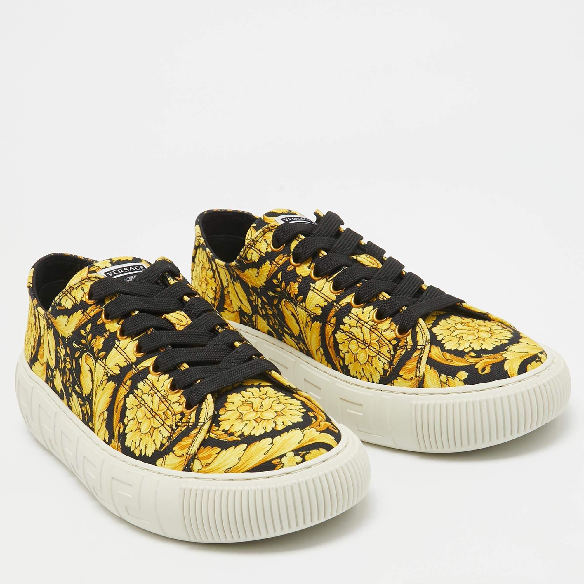 Versace Yellow/Black Canvas Baroccoo Lace Up Sneakers Size 40 In Excellent Condition For Sale In Dubai, Al Qouz 2