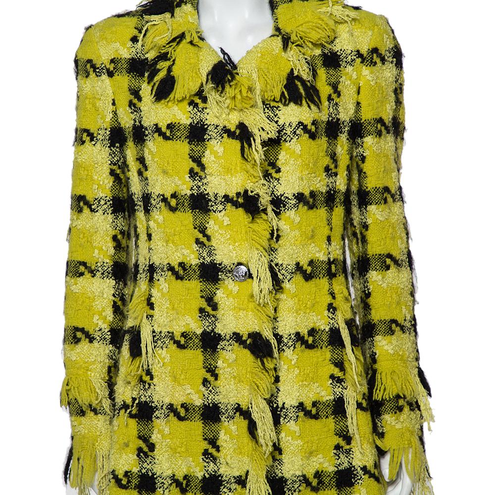 Women's or Men's Versace Yellow Checkered Tweed Fringed Detail Collared Coat M