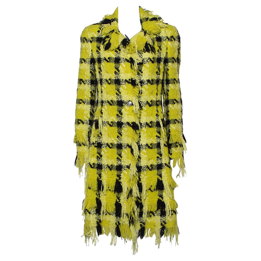 Versace Yellow Checkered Tweed Fringed Detail Collared Coat M