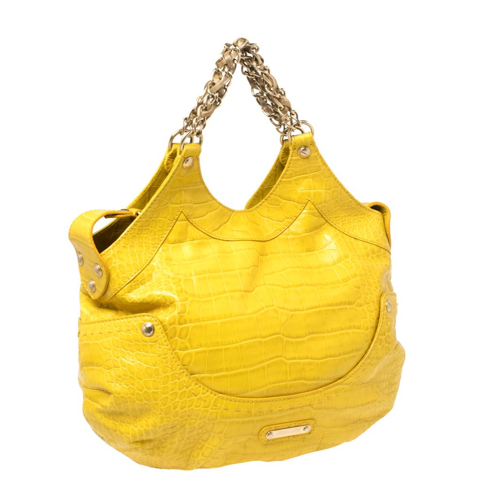 Women's Versace Yellow Croc Embossed Leather Kiss Shoulder Bag