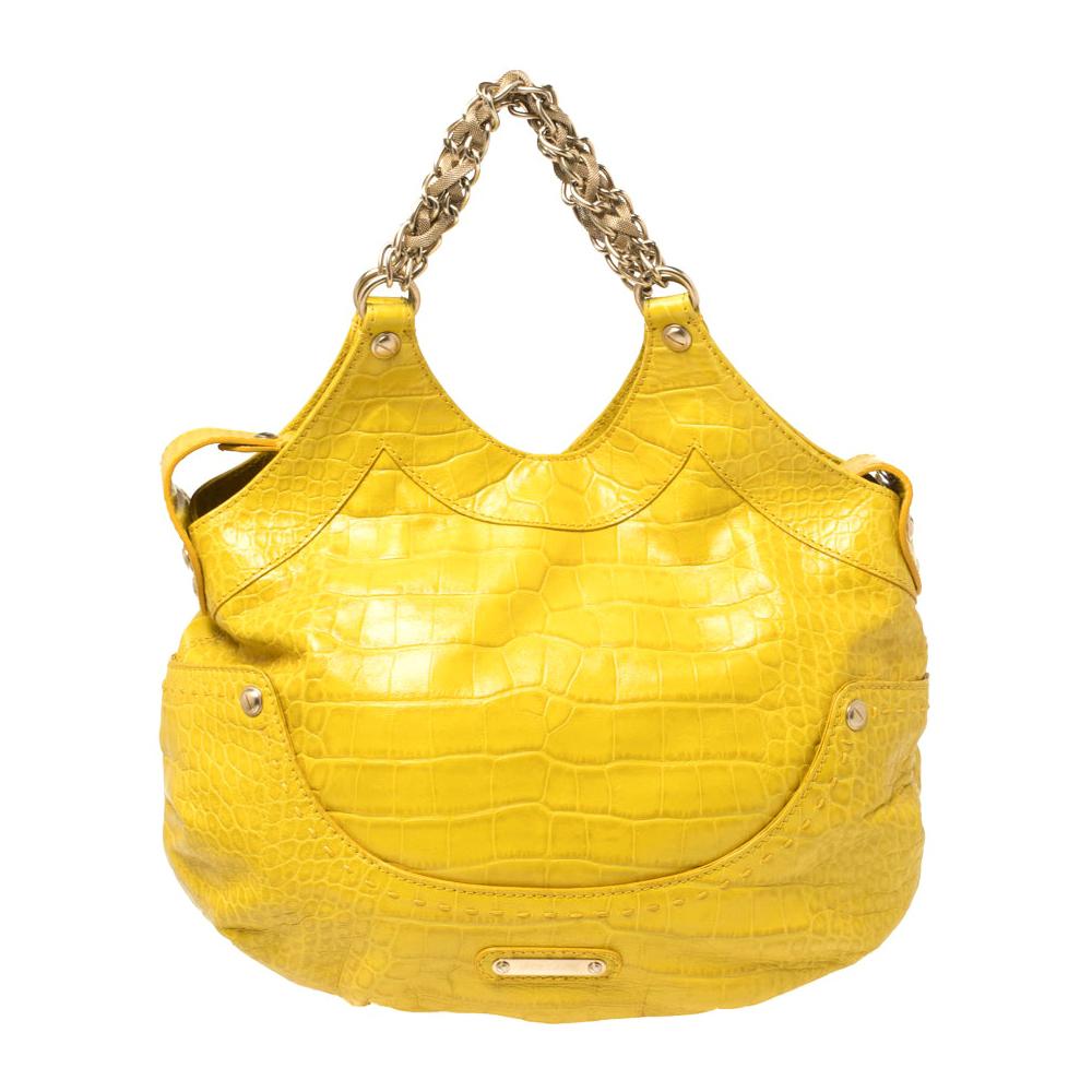 Versace Yellow Croc Embossed Leather Kiss Shoulder Bag