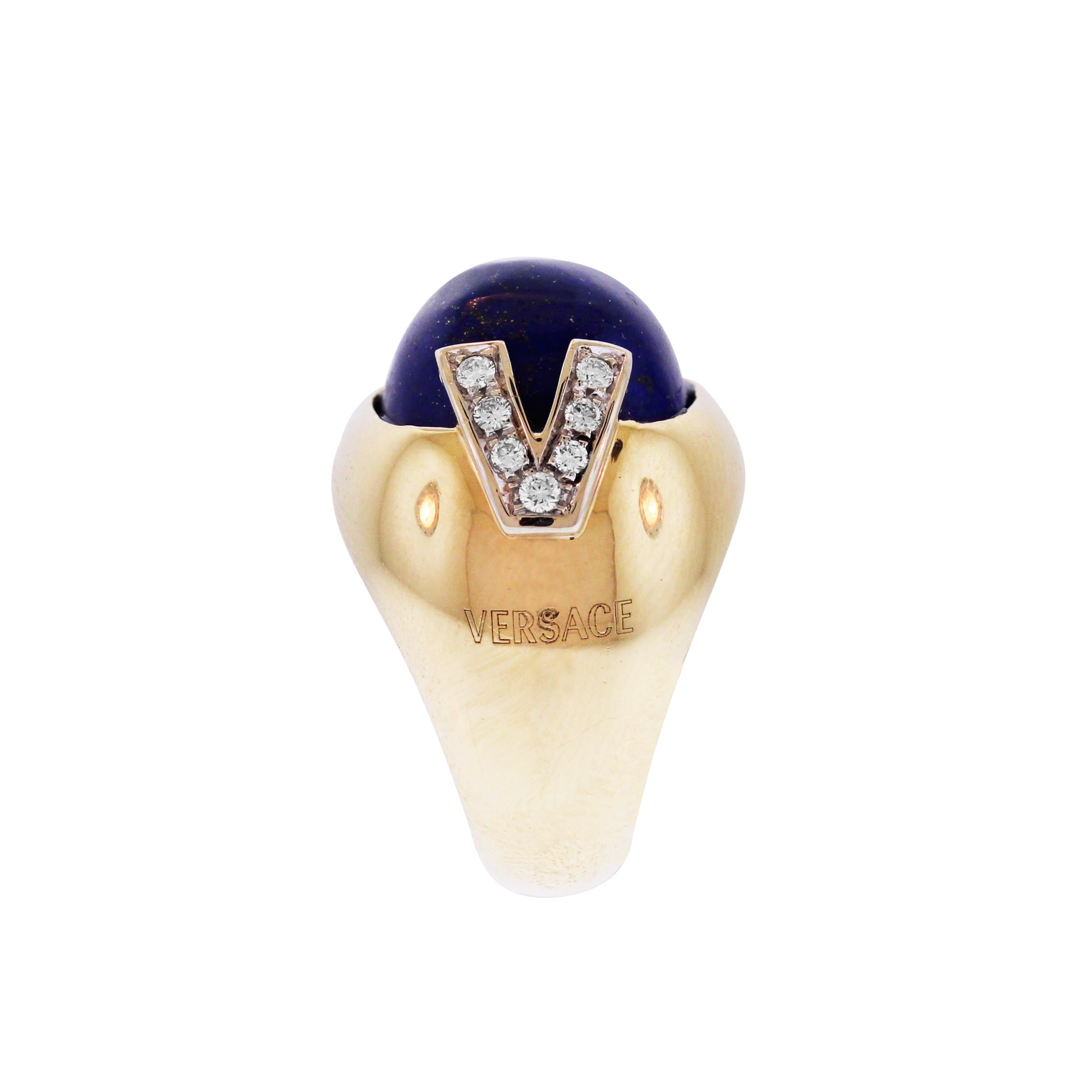 IF YOU ARE REALLY INTERESTED, CONTACT US WITH ANY REASONABLE OFFER. WE WILL TRY OUR BEST TO MAKE YOU HAPPY!

18K Gold and Diamond Ring with Lapis Lazuli center by Versace

This ring features a Lapis Lazuli center apprx. 28 carat with two diamond 