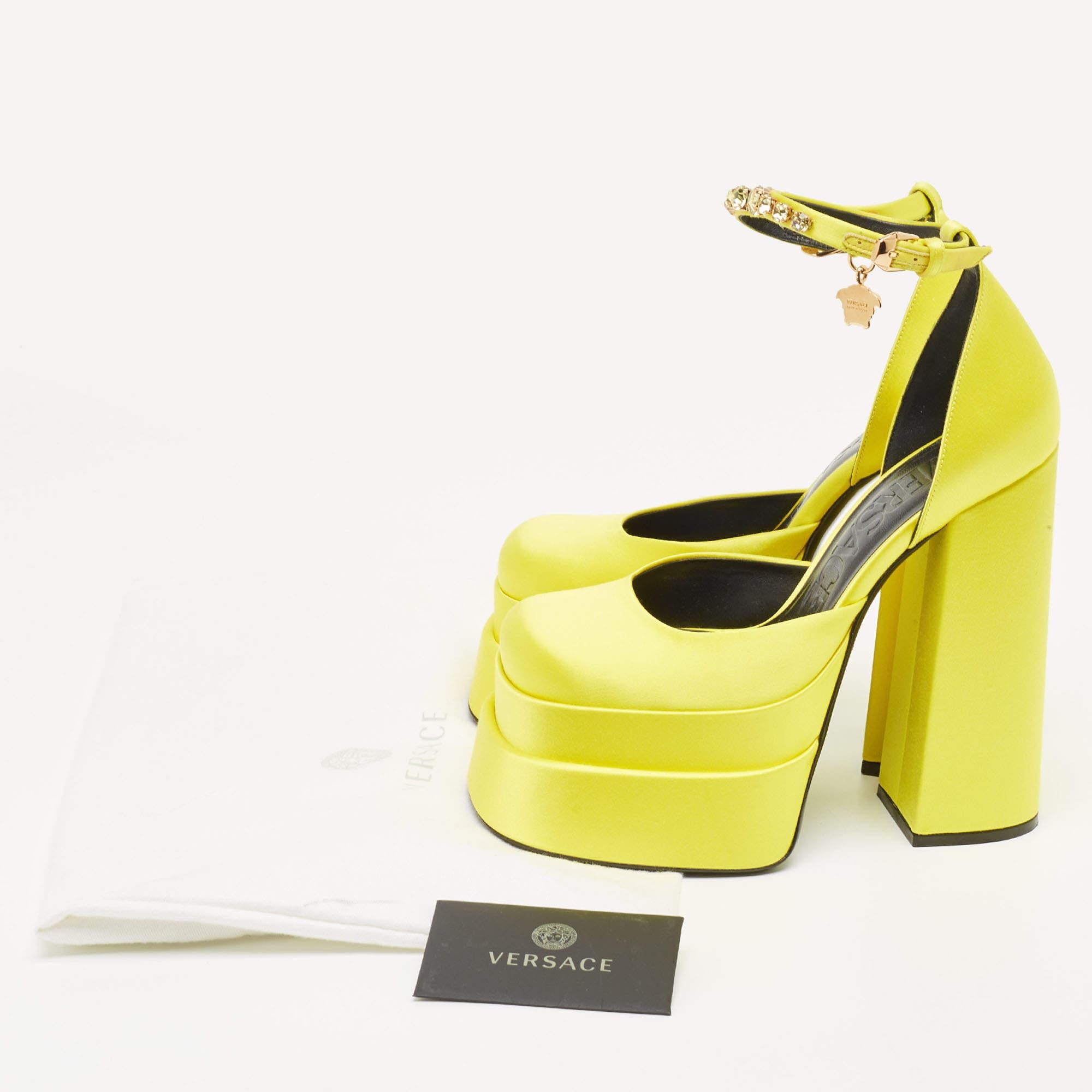 Versace Yellow Satin Medusa Aevitas Platform Ankle Strap Pumps Size 37 For Sale 6