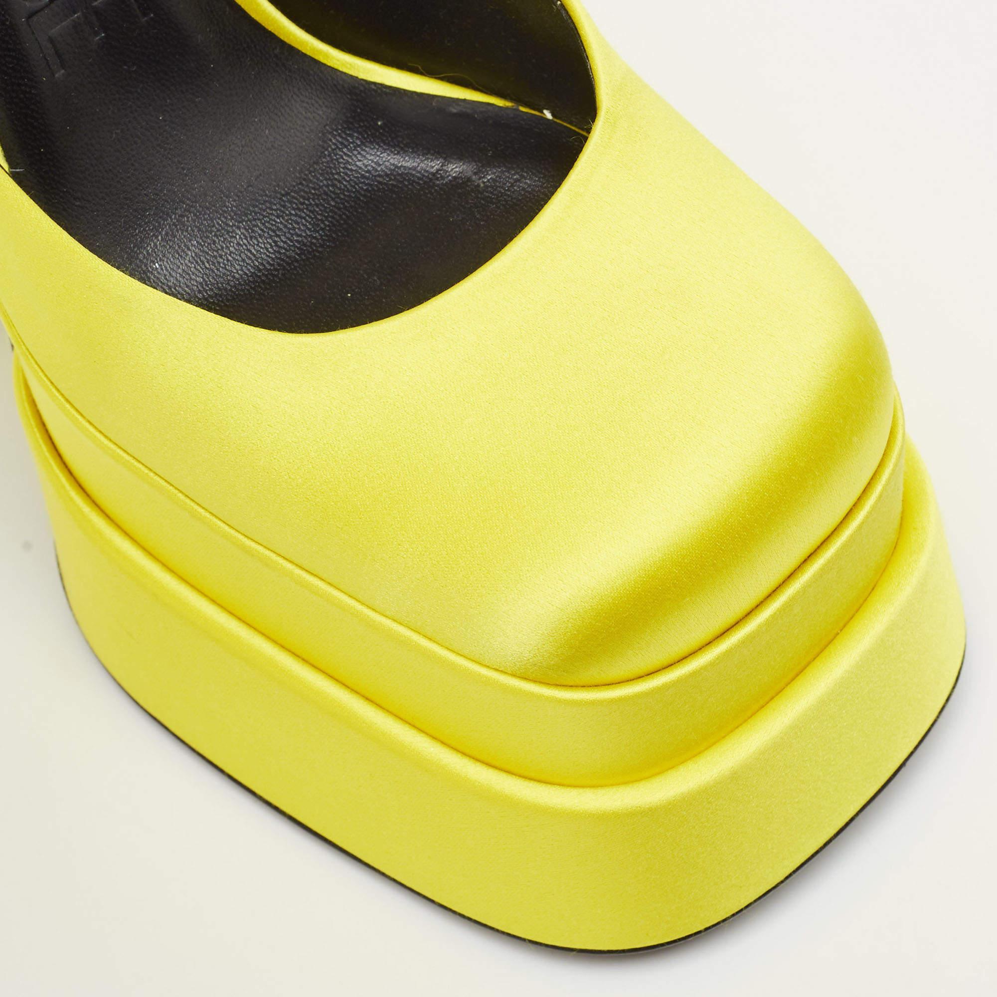 Women's Versace Yellow Satin Medusa Aevitas Platform Ankle Strap Pumps Size 37 For Sale