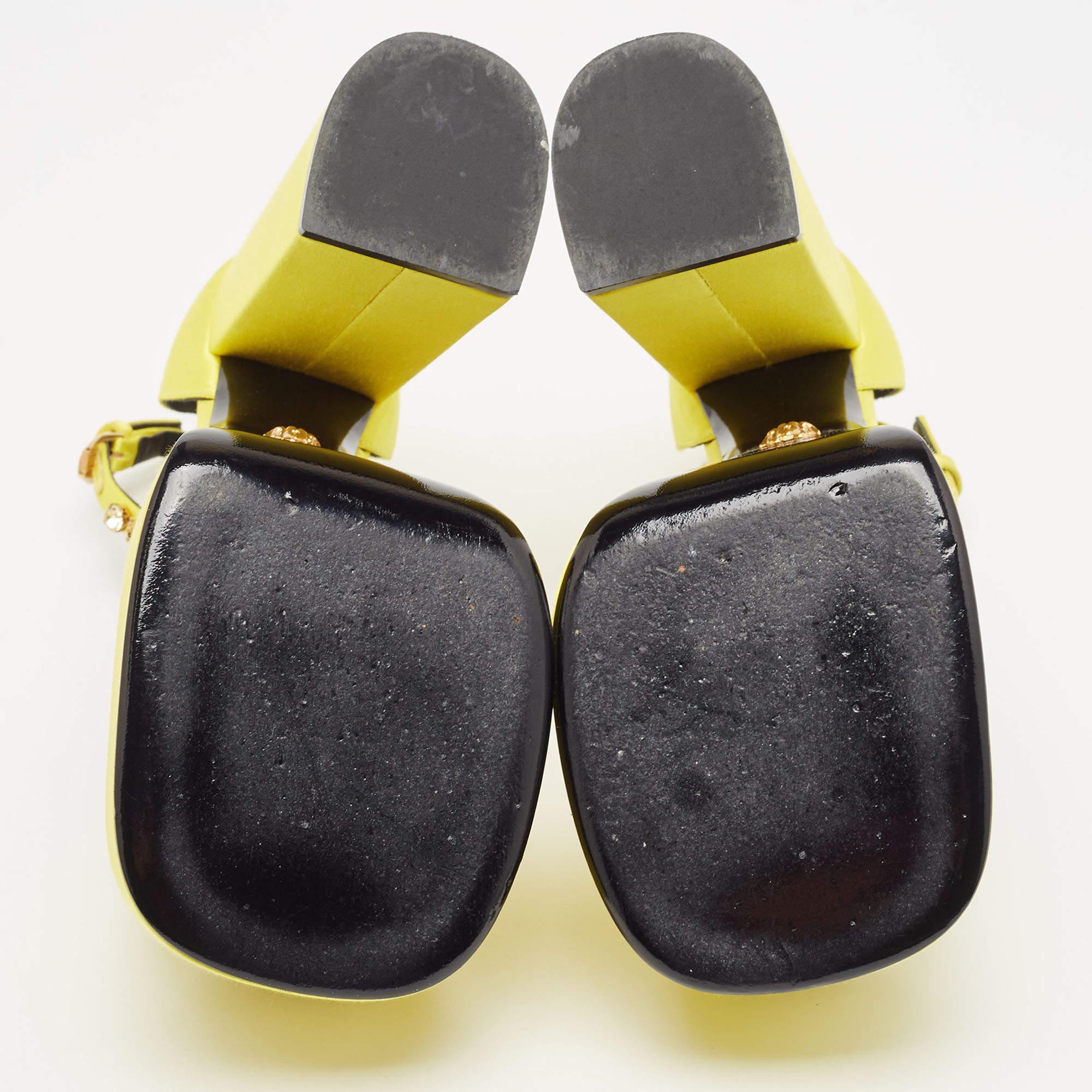 Versace Yellow Satin Medusa Aevitas Platform Ankle Strap Pumps Size 37 For Sale 1