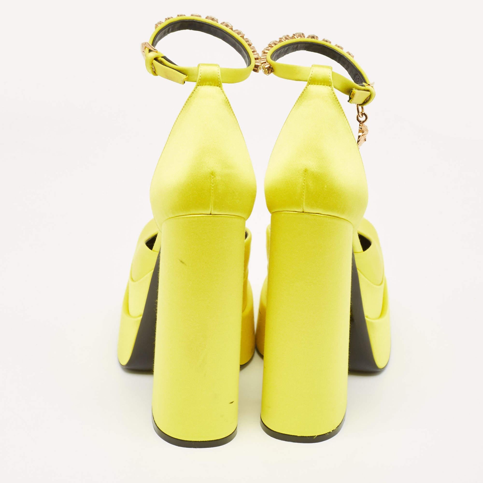 Versace Yellow Satin Medusa Aevitas Platform Ankle Strap Pumps Size 37 For Sale 2
