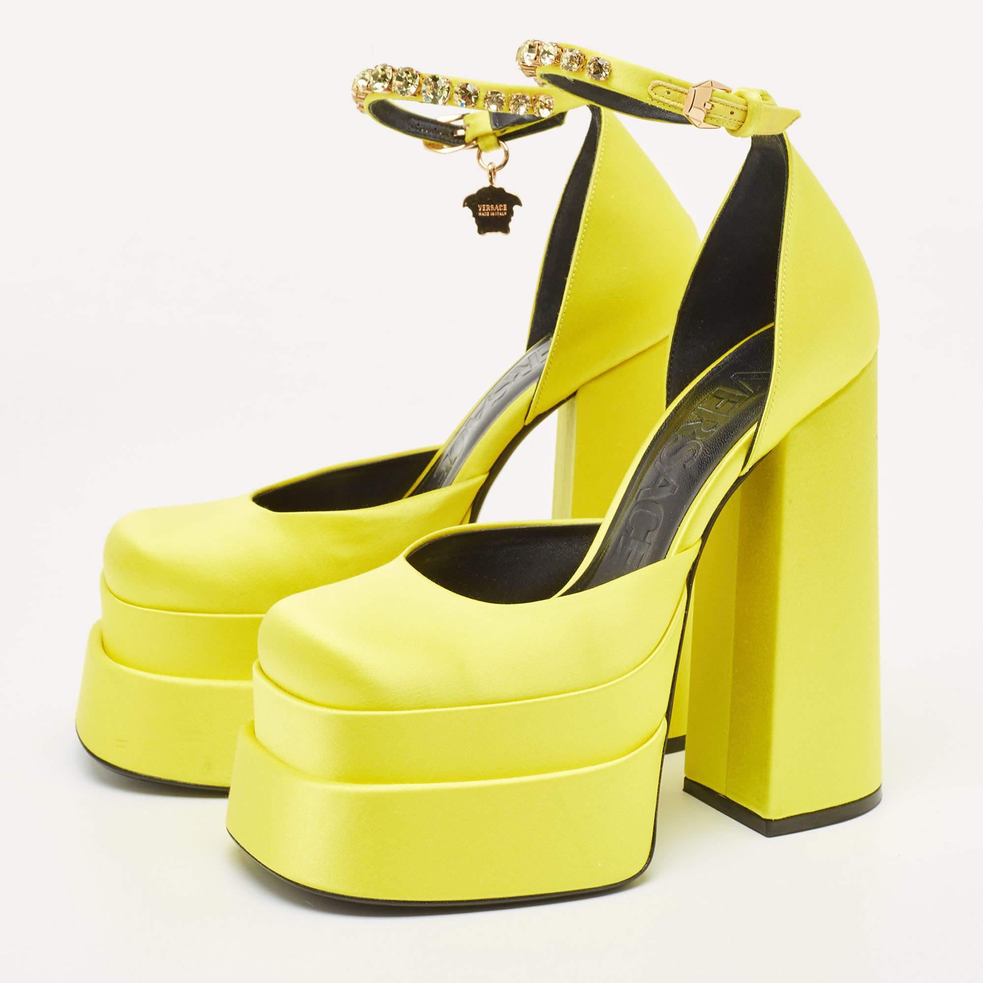 Versace Yellow Satin Medusa Aevitas Platform Ankle Strap Pumps Size 37 For Sale 3