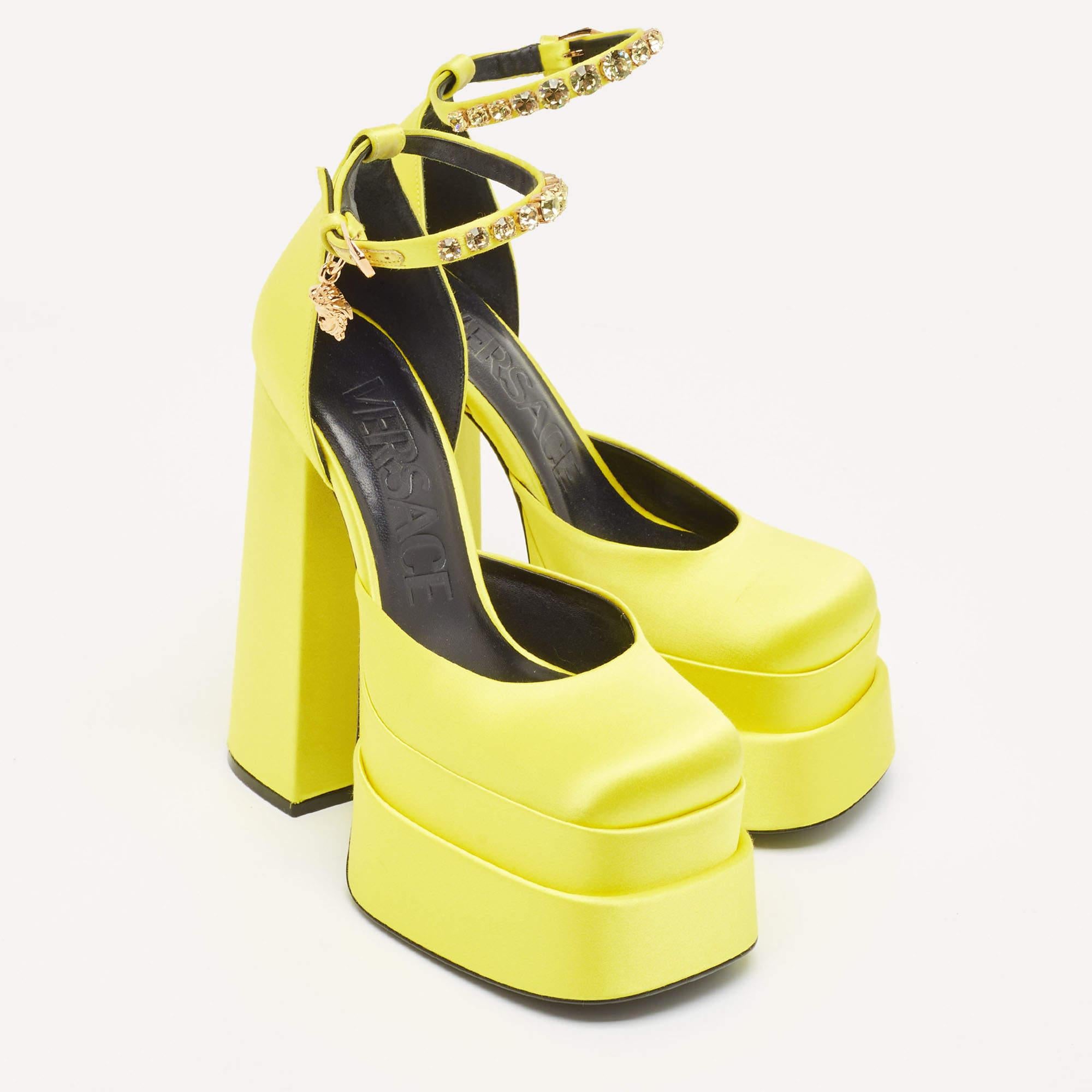 Versace Yellow Satin Medusa Aevitas Platform Ankle Strap Pumps Size 37 For Sale 4