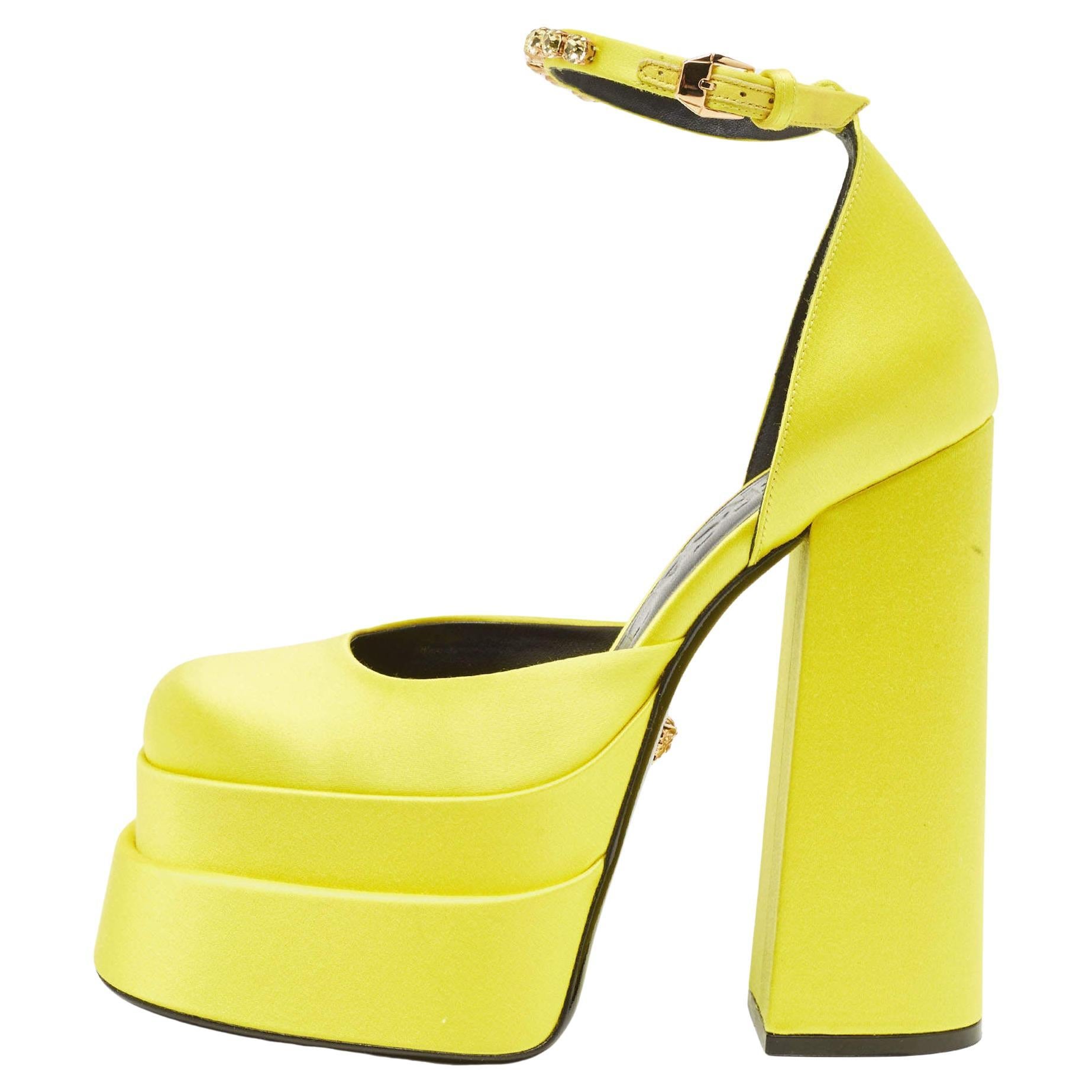 Versace Yellow Satin Medusa Aevitas Platform Ankle Strap Pumps Size 37 For Sale