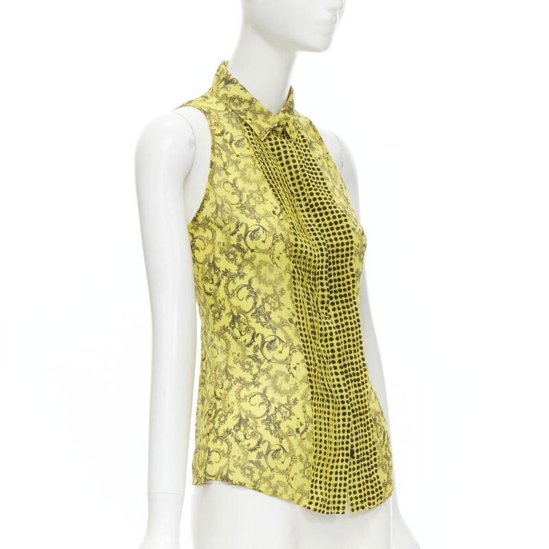 Beige VERSACE yellow silk Baroque print dot pleated collar sleeveless shirt IT40 S For Sale