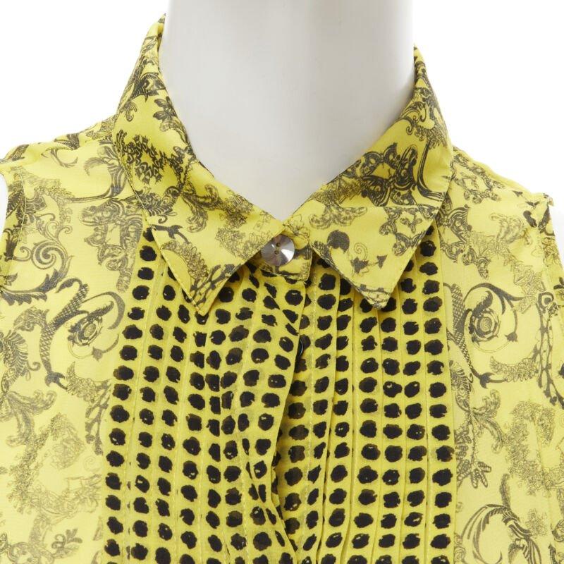 VERSACE yellow silk Baroque print dot pleated collar sleeveless shirt IT40 S For Sale 2