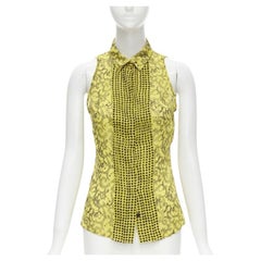 VERSACE yellow silk Baroque print dot pleated collar sleeveless shirt IT40 S