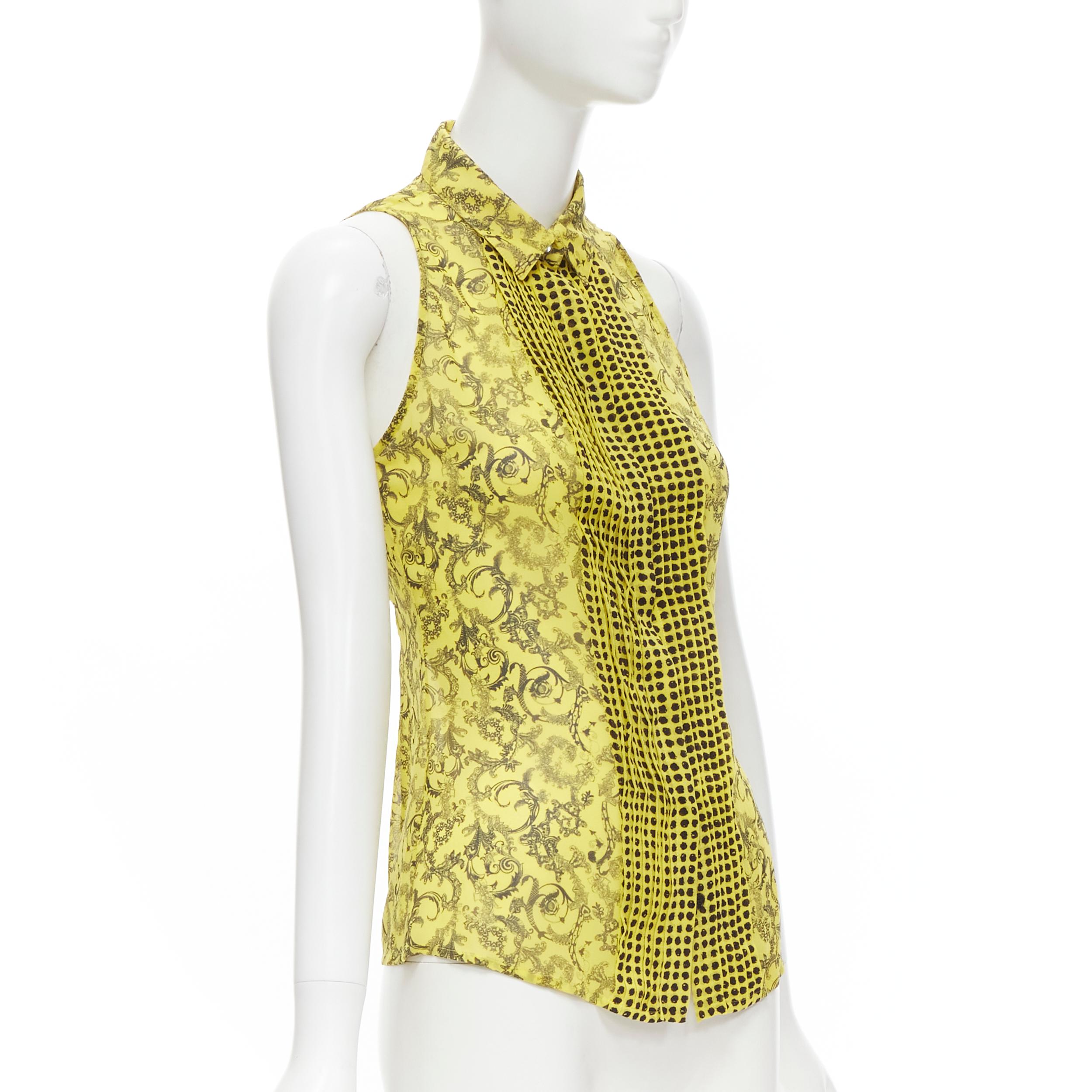 Beige VERSACE yellow silk Baroque print polka dot pleated collar sleeveless shirt IT40 For Sale