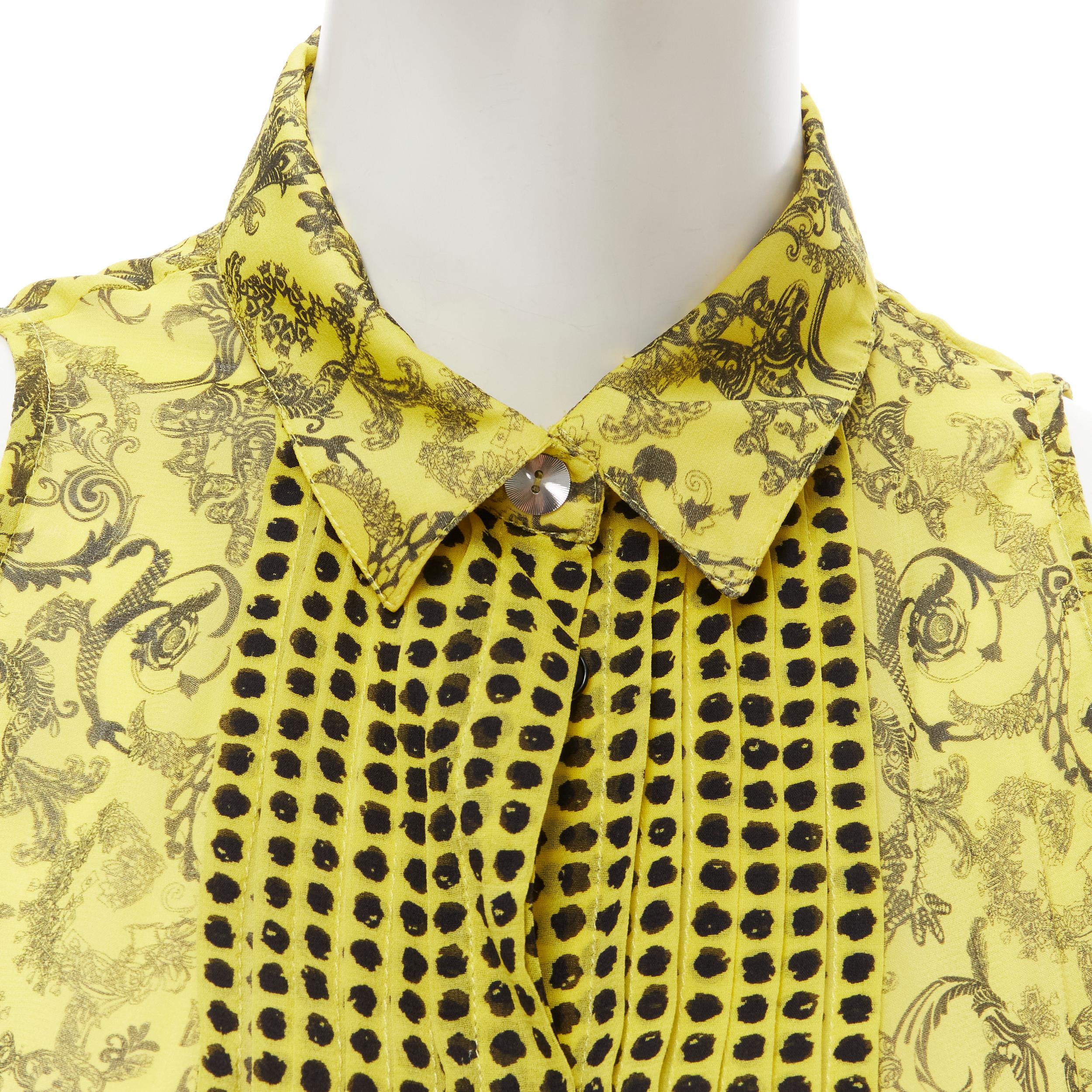 VERSACE yellow silk Baroque print polka dot pleated collar sleeveless shirt IT40 For Sale 1