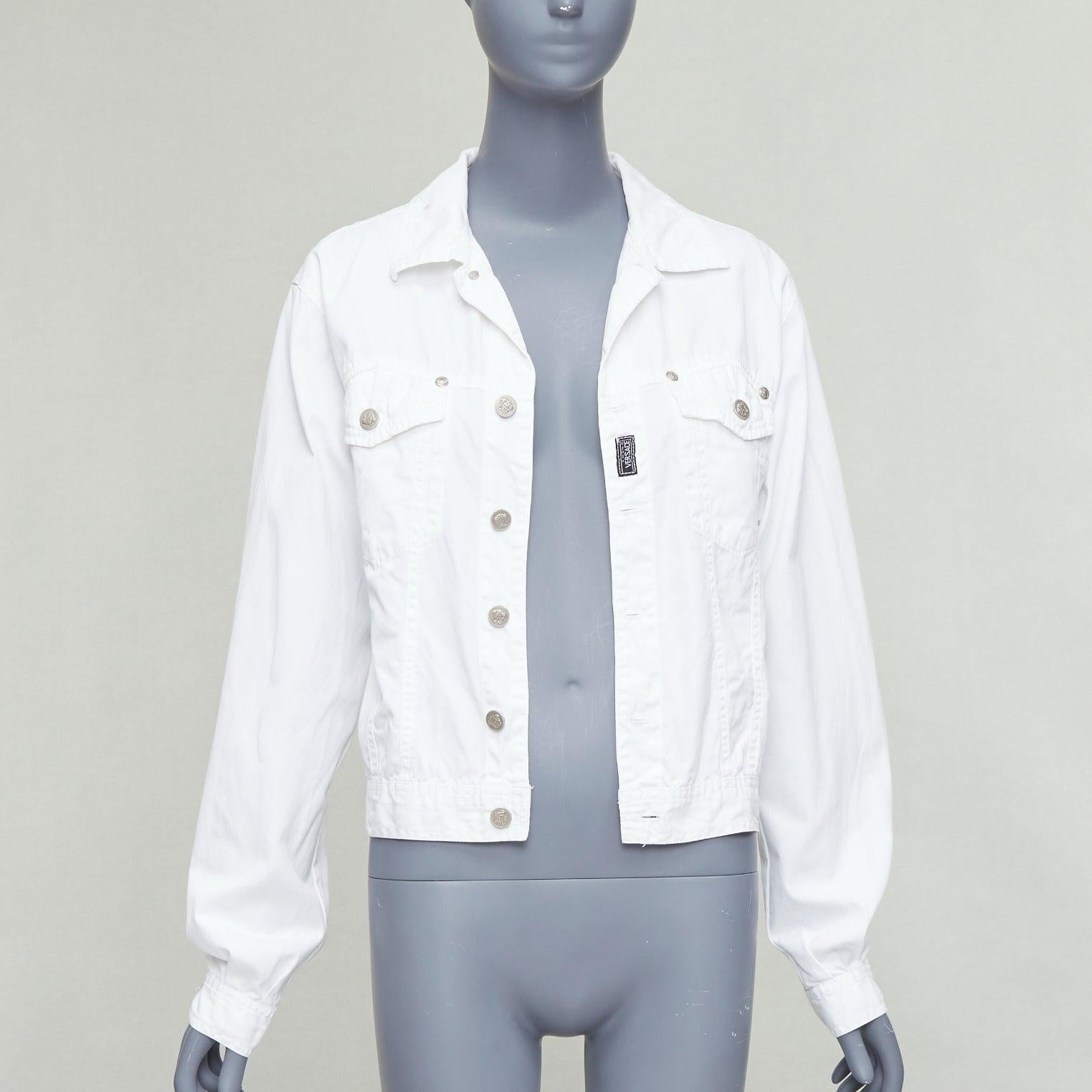 Gray VERSACE YOUNG Vintage white silver medusa logo button jacket For Sale