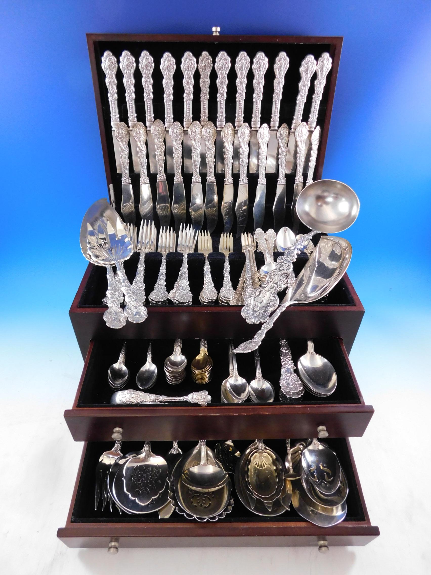 Monumental dinner size multi-motif Versailles by Gorham sterling silver flatware set - 179 pieces. This set includes: 

12 dinner size knives, 9 3/4