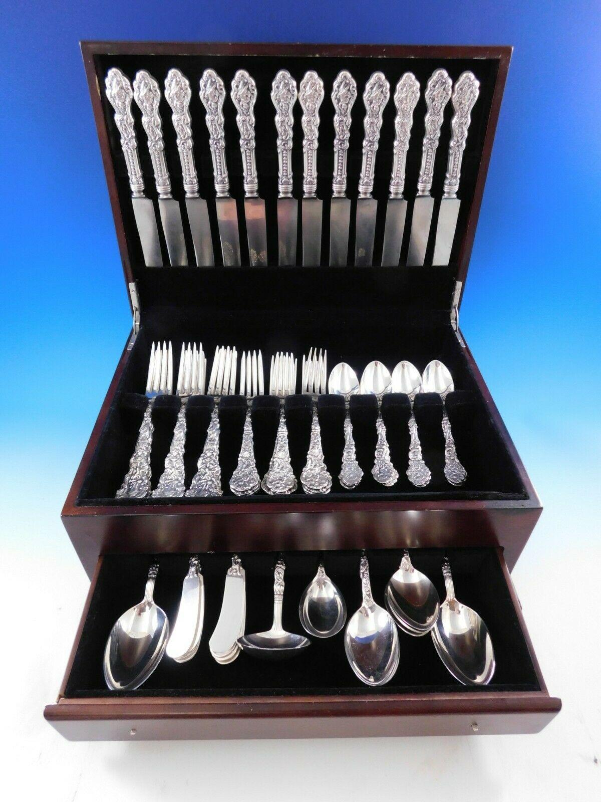 Superb dinner size multi-motif Versailles by Gorham sterling silver flatware set - 76 pieces. This set includes: 

12 dinner size knives, 9 3/4
