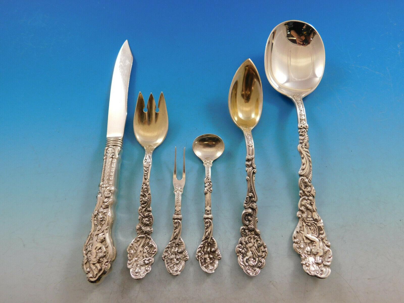 Incredible dinner and regular size Versailles by Gorham sterling silver flatware set - 374 pieces. This monumental set was owned by John Henry Kirby and includes: 

24 dinner size knives with blunt plated blades, 9 3/4