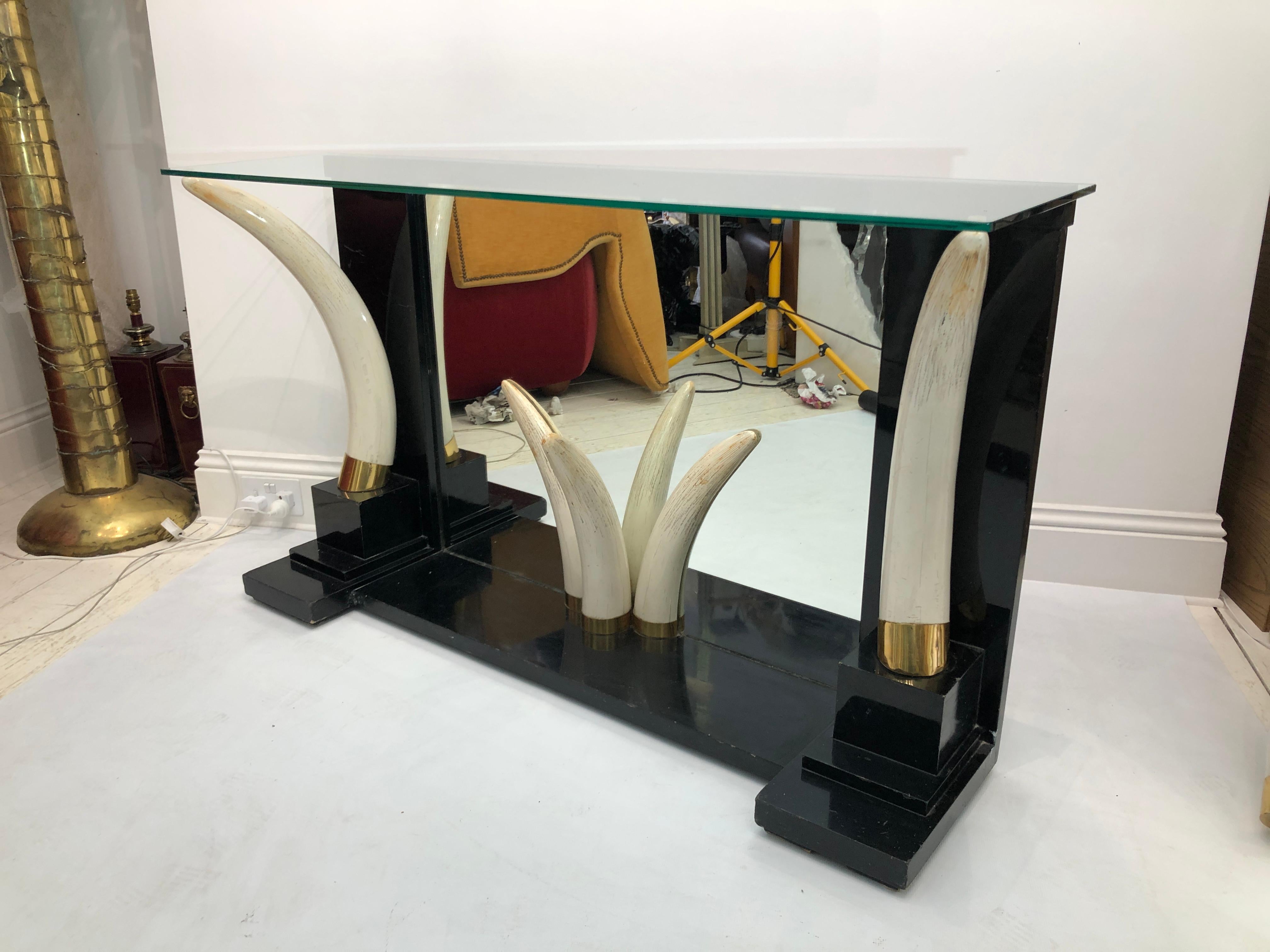 Versailles Collection Elephant Faux Tusk Ebony Console Table Mirror Glass 1970s For Sale 7