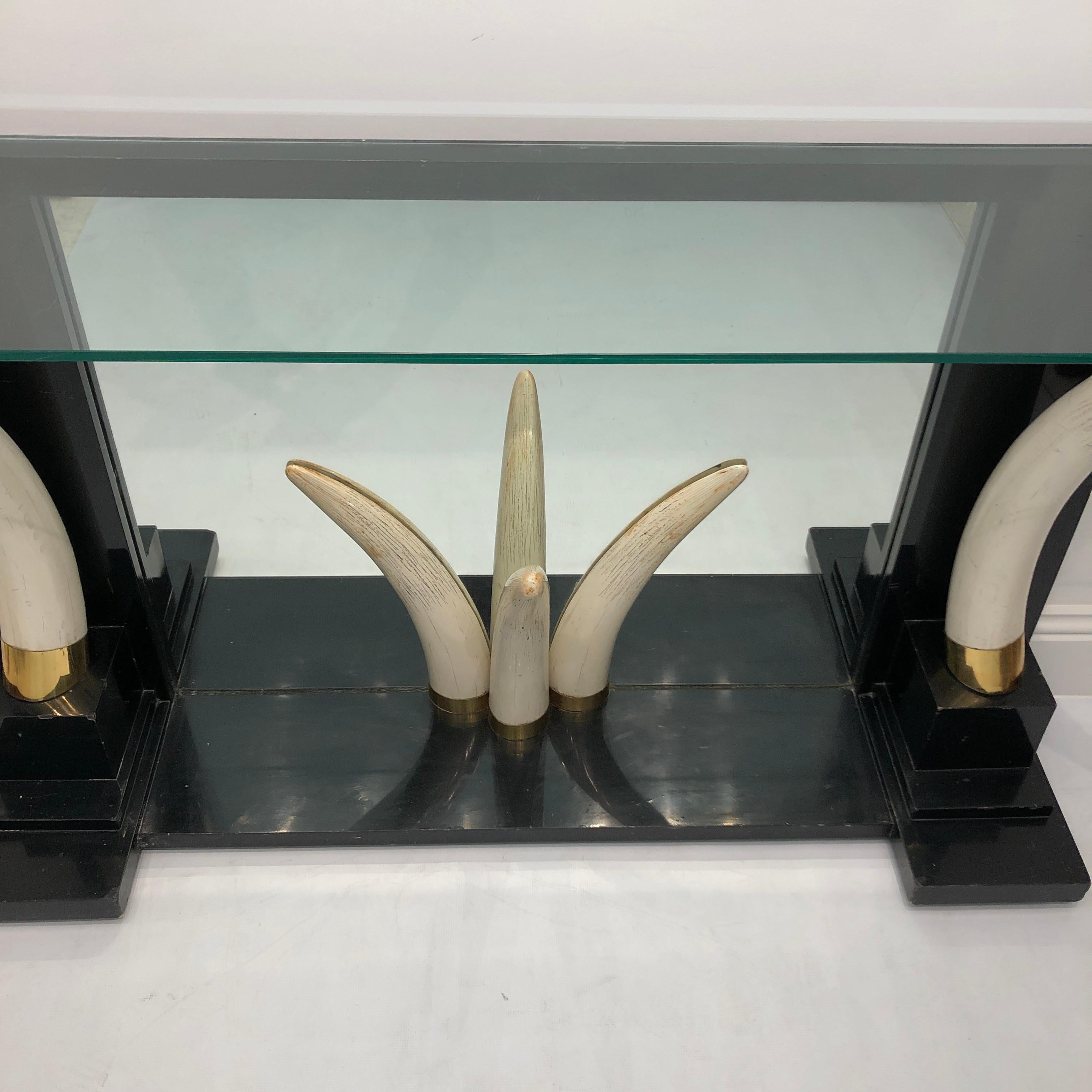 Hollywood Regency Versailles Collection Elephant Faux Tusk Ebony Console Table Mirror Glass 1970s For Sale