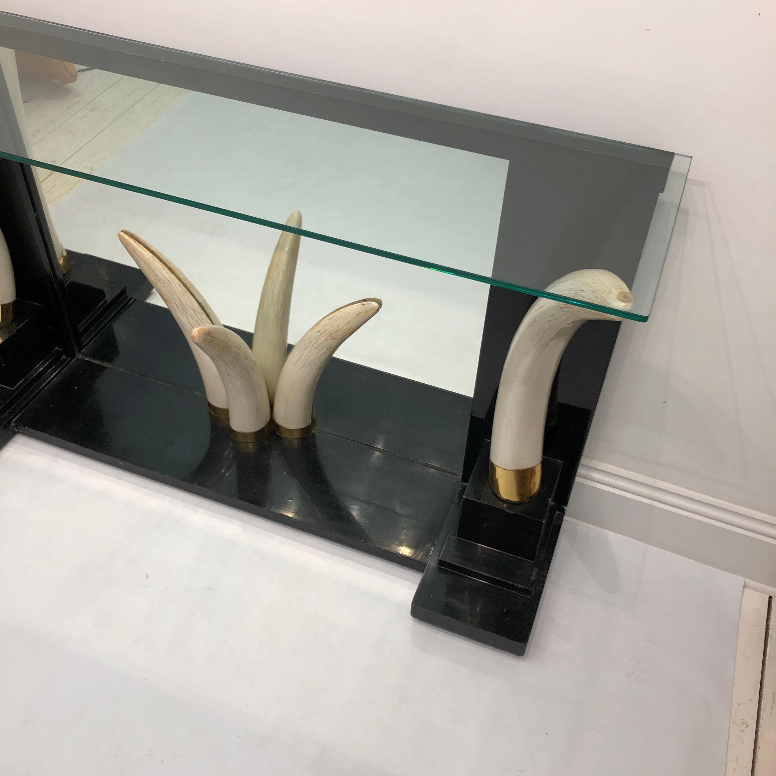 American Versailles Collection Elephant Faux Tusk Ebony Console Table Mirror Glass 1970s For Sale