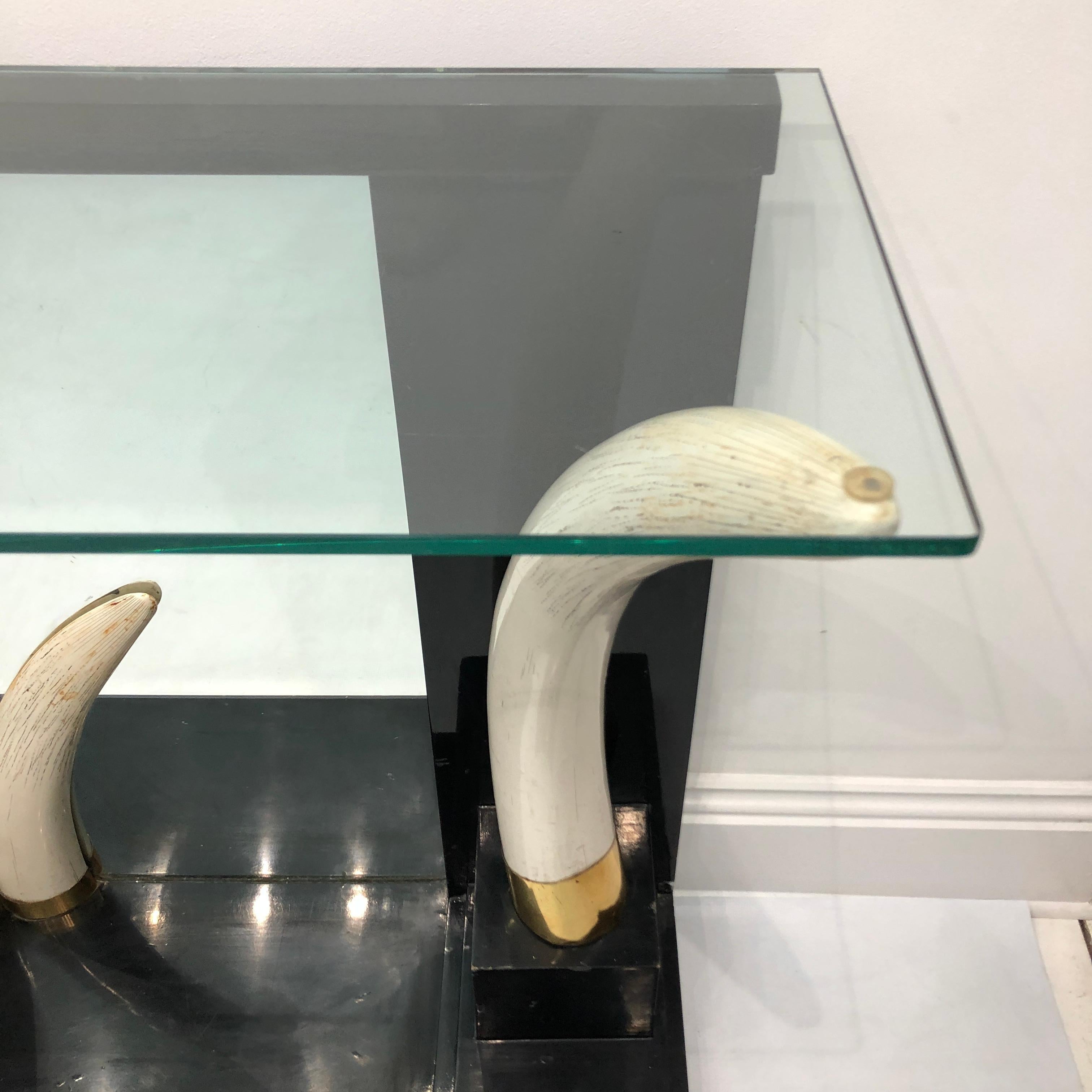 Late 20th Century Versailles Collection Elephant Faux Tusk Ebony Console Table Mirror Glass 1970s For Sale