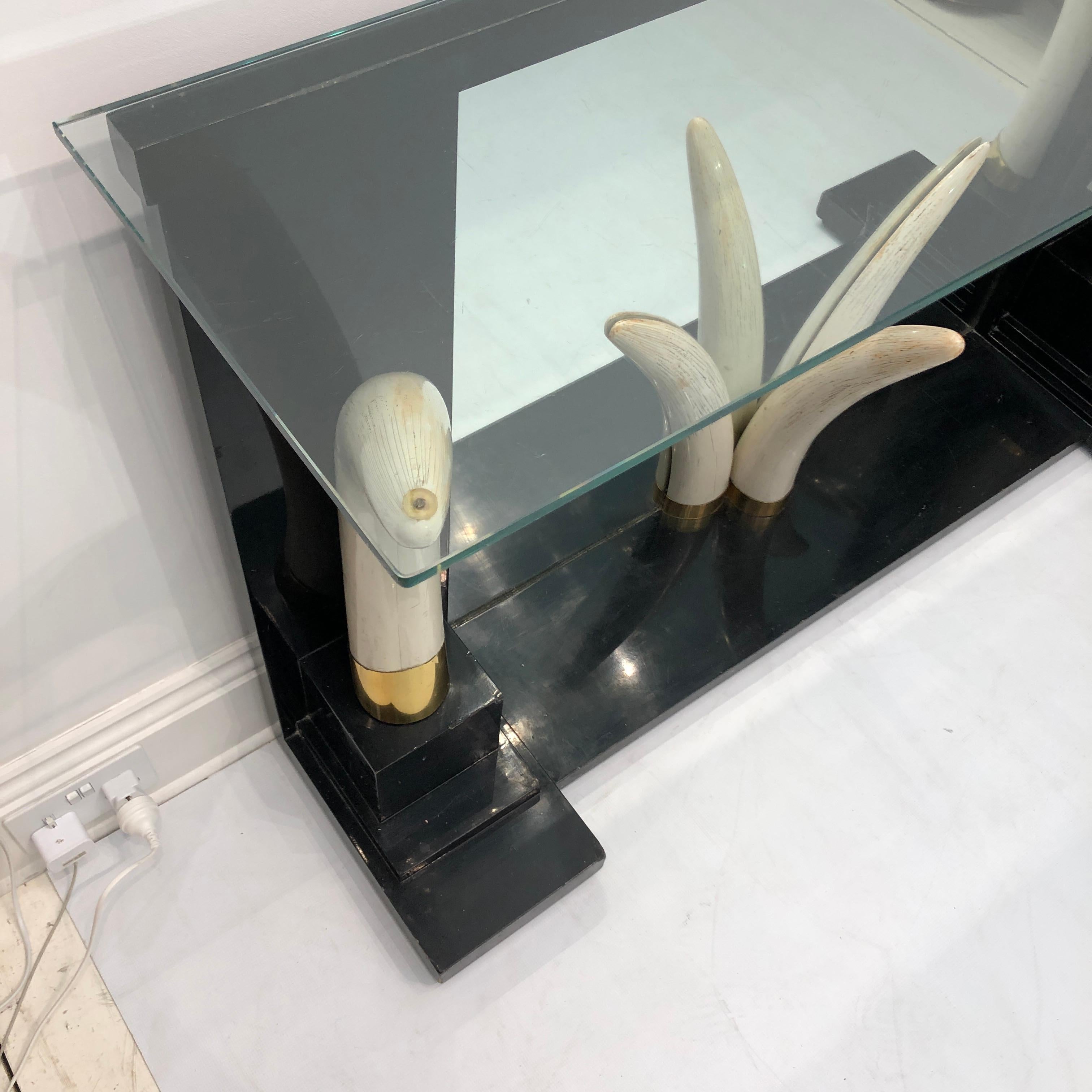 Resin Versailles Collection Elephant Faux Tusk Ebony Console Table Mirror Glass 1970s For Sale