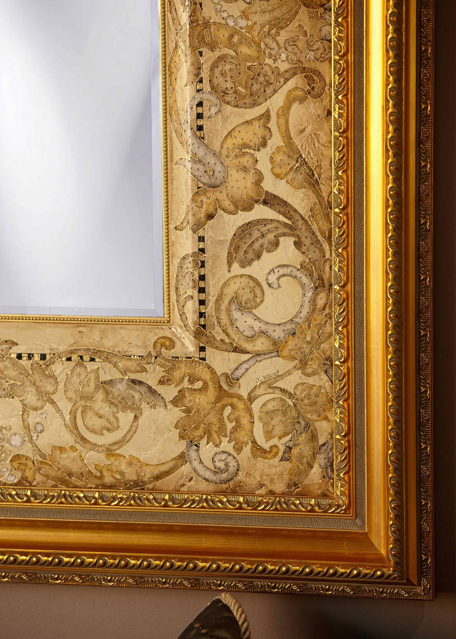 This is a hand-painted and embellished large-scale mirror by Michelle Woolley Sauter. It has a 1.5