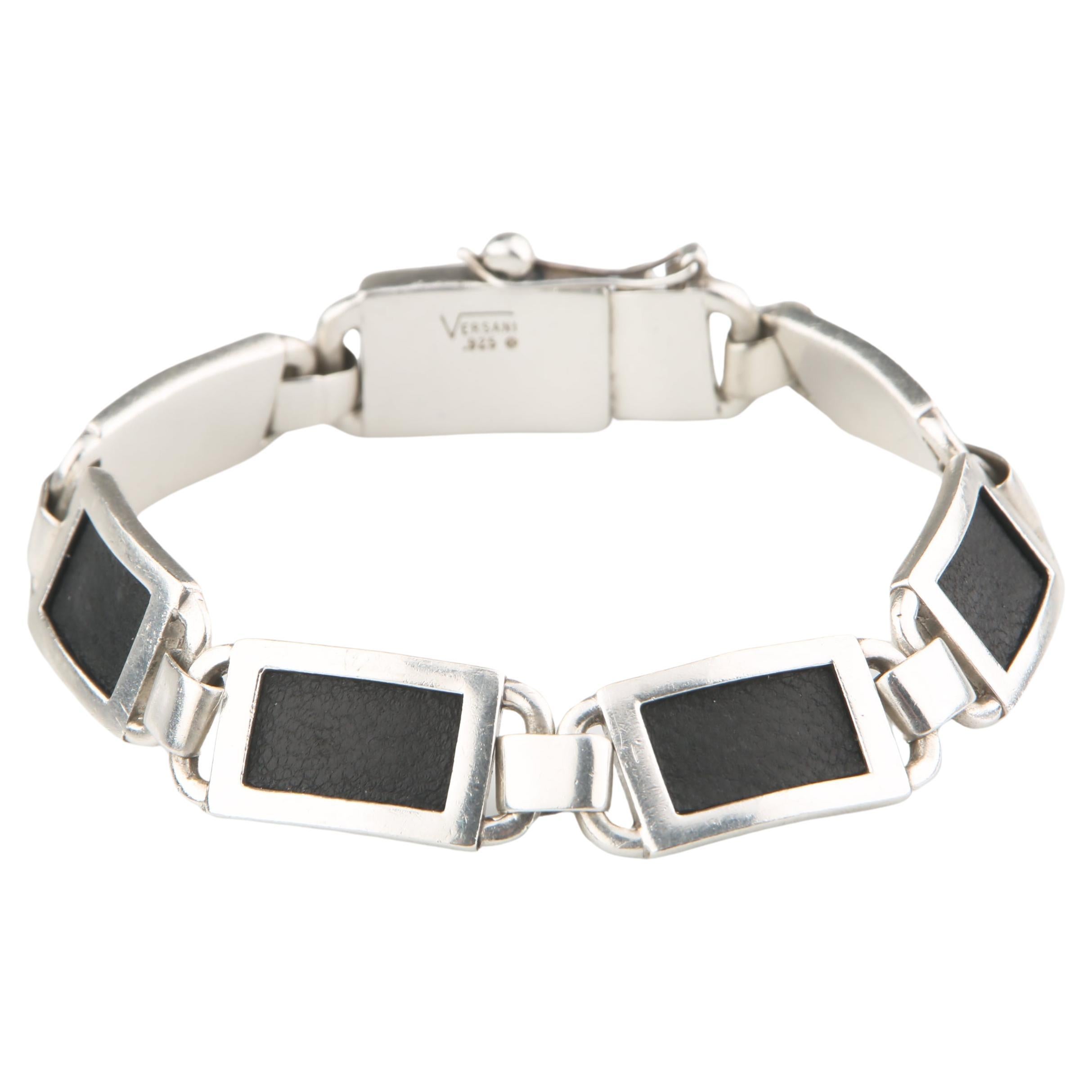 Versani Sterling Silver & Sting Ray Leather Link Bracelet with Safety Clasp For Sale