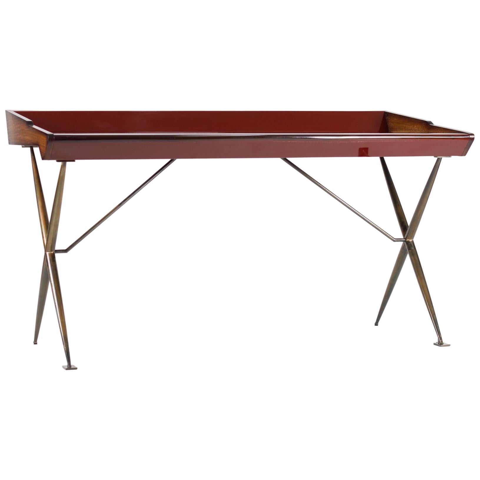 Versatil Midcentury Inspired Lacquered Wood and Blackened Brass Writing Desk For Sale