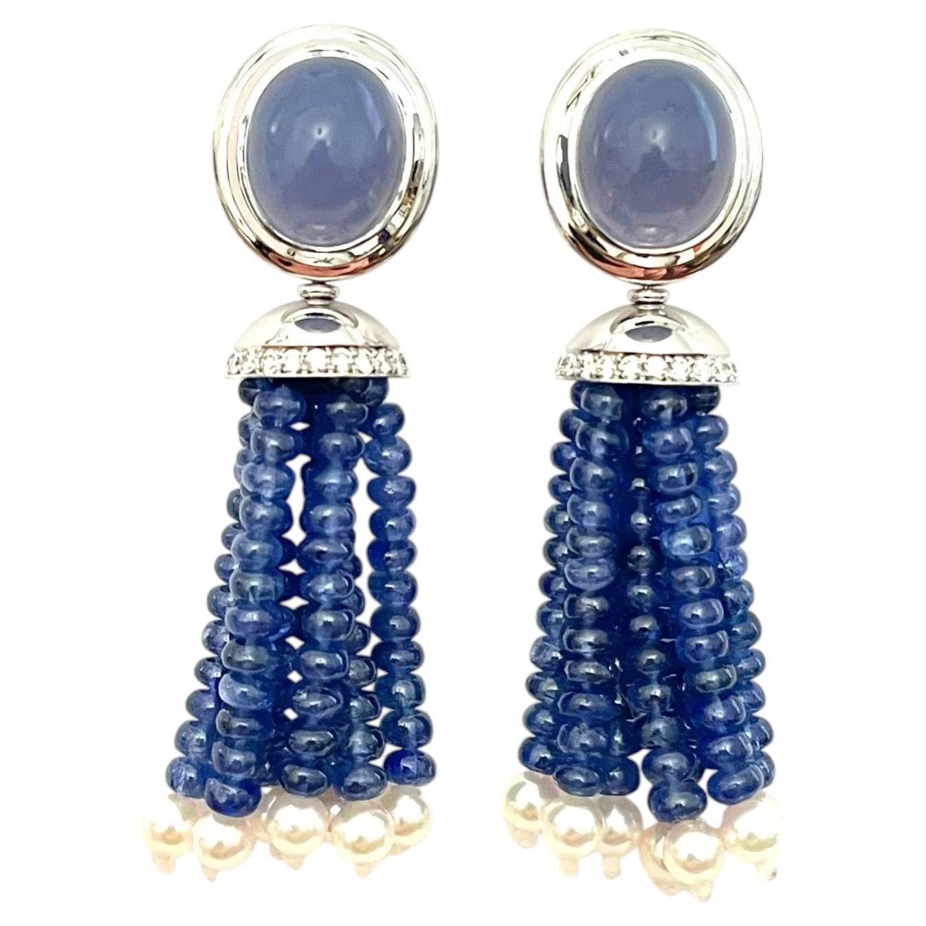 Versatile 12.25 Carat Chalzedony Diamond Sapphire Pearl White Gold Earrings