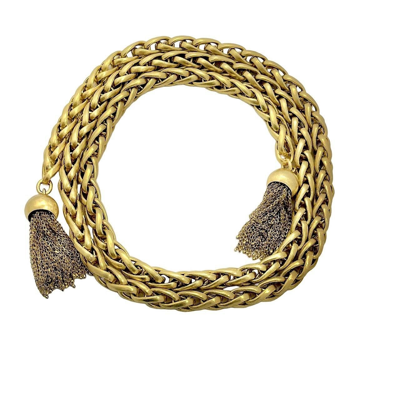 Modern Versatile Long 18k Satin Finish Yellow Gold Lariat Necklace W/Tassels For Sale