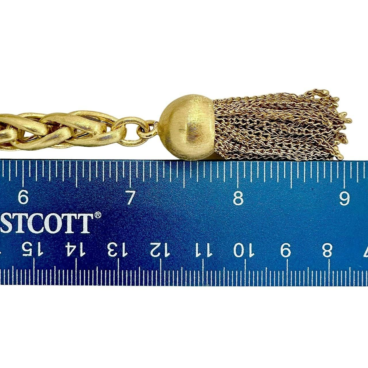 Women's Versatile Long 18k Satin Finish Yellow Gold Lariat Necklace W/Tassels For Sale