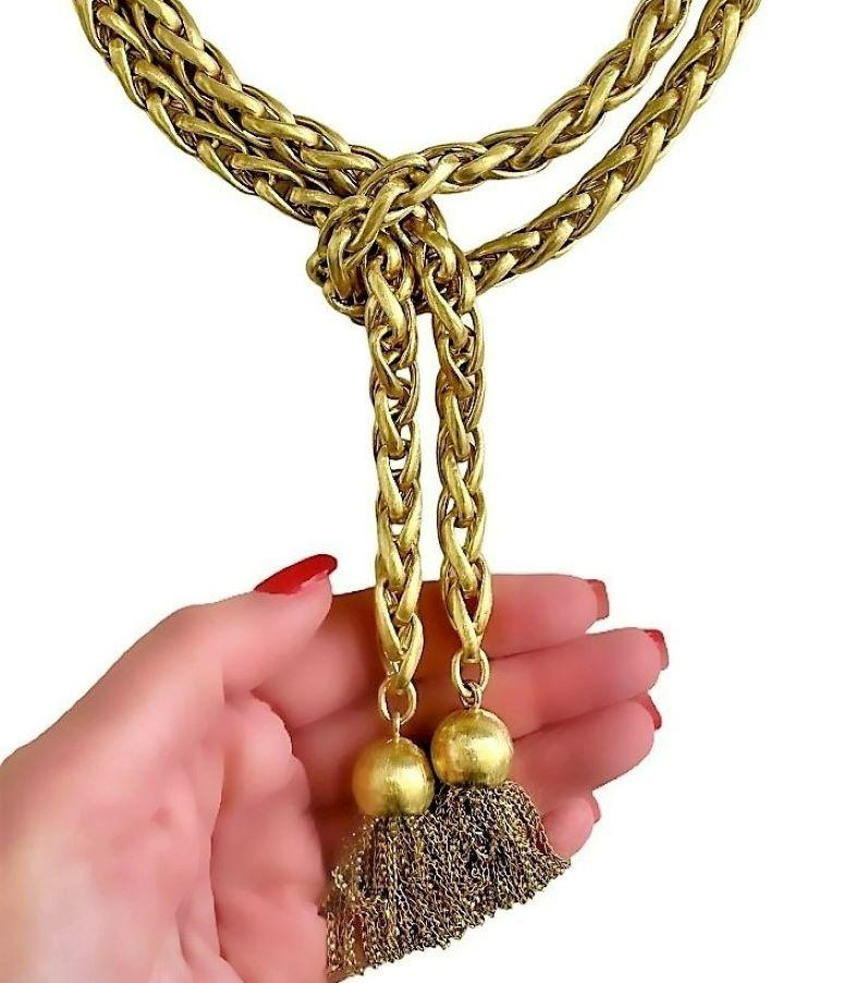 Versatile Long 18k Satin Finish Yellow Gold Lariat Necklace W/Tassels For Sale 2