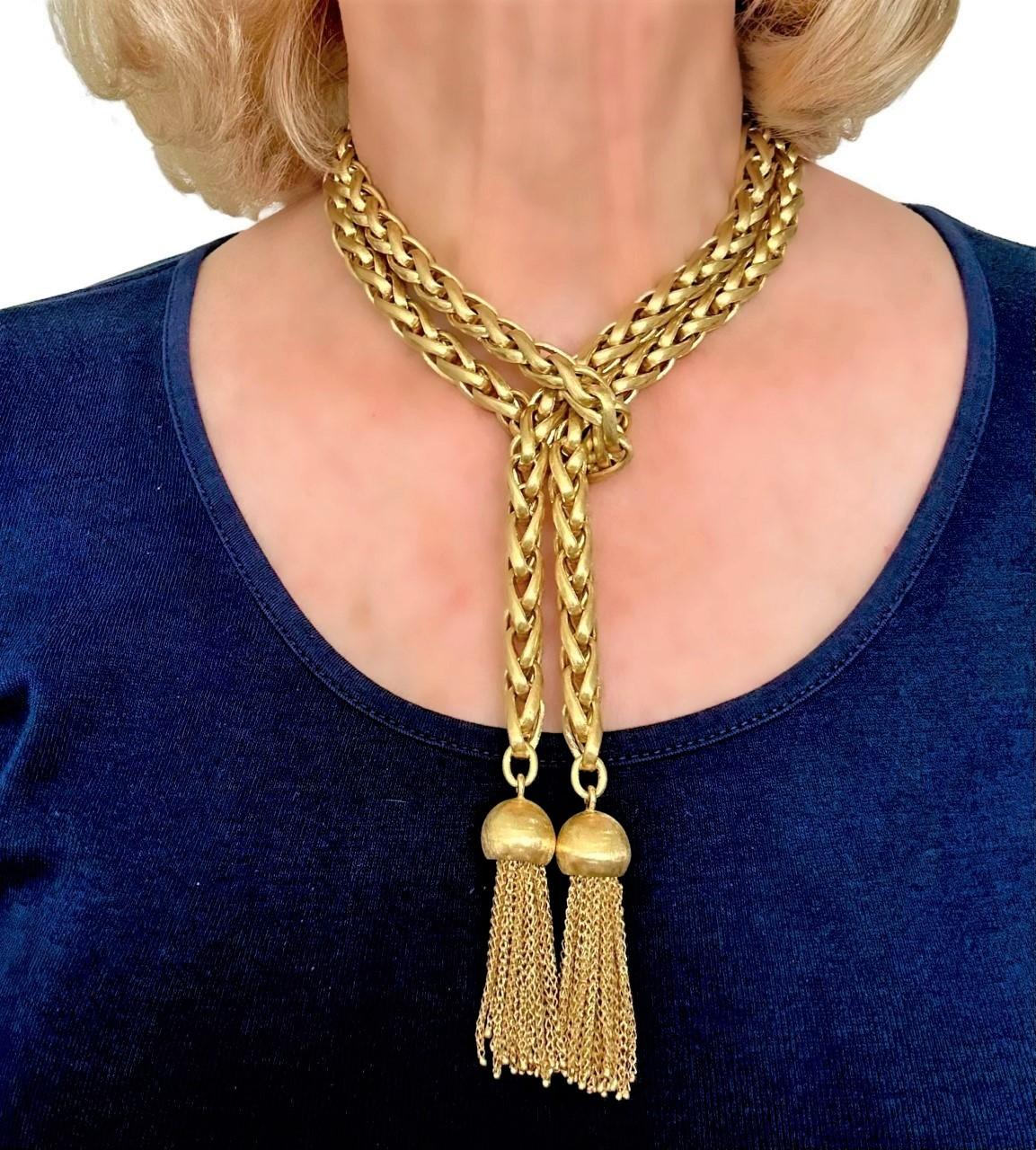 Versatile Long 18k Satin Finish Yellow Gold Lariat Necklace W/Tassels For Sale 4